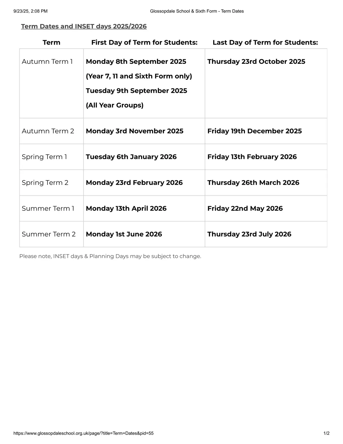 Glossopdale School and Sixth Form term dates