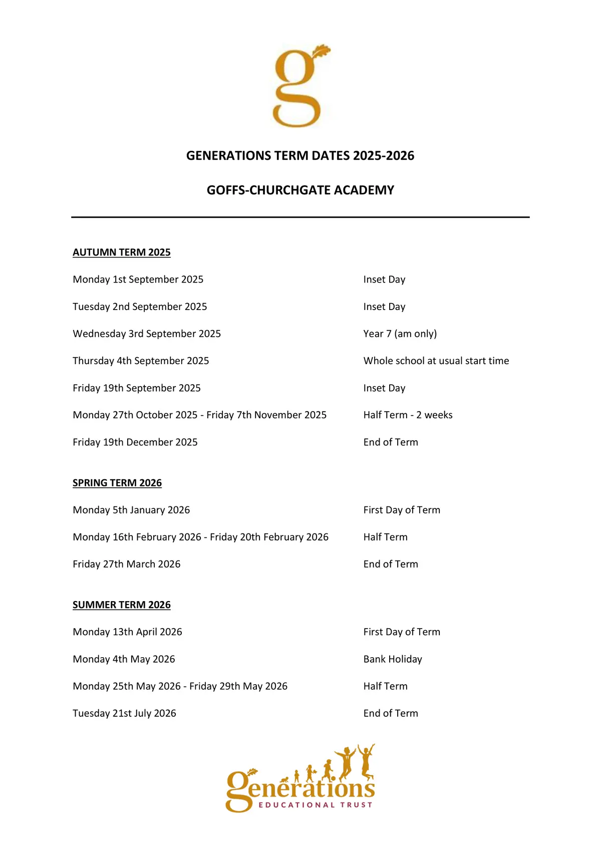 Goffs - Churchgate Academy term dates