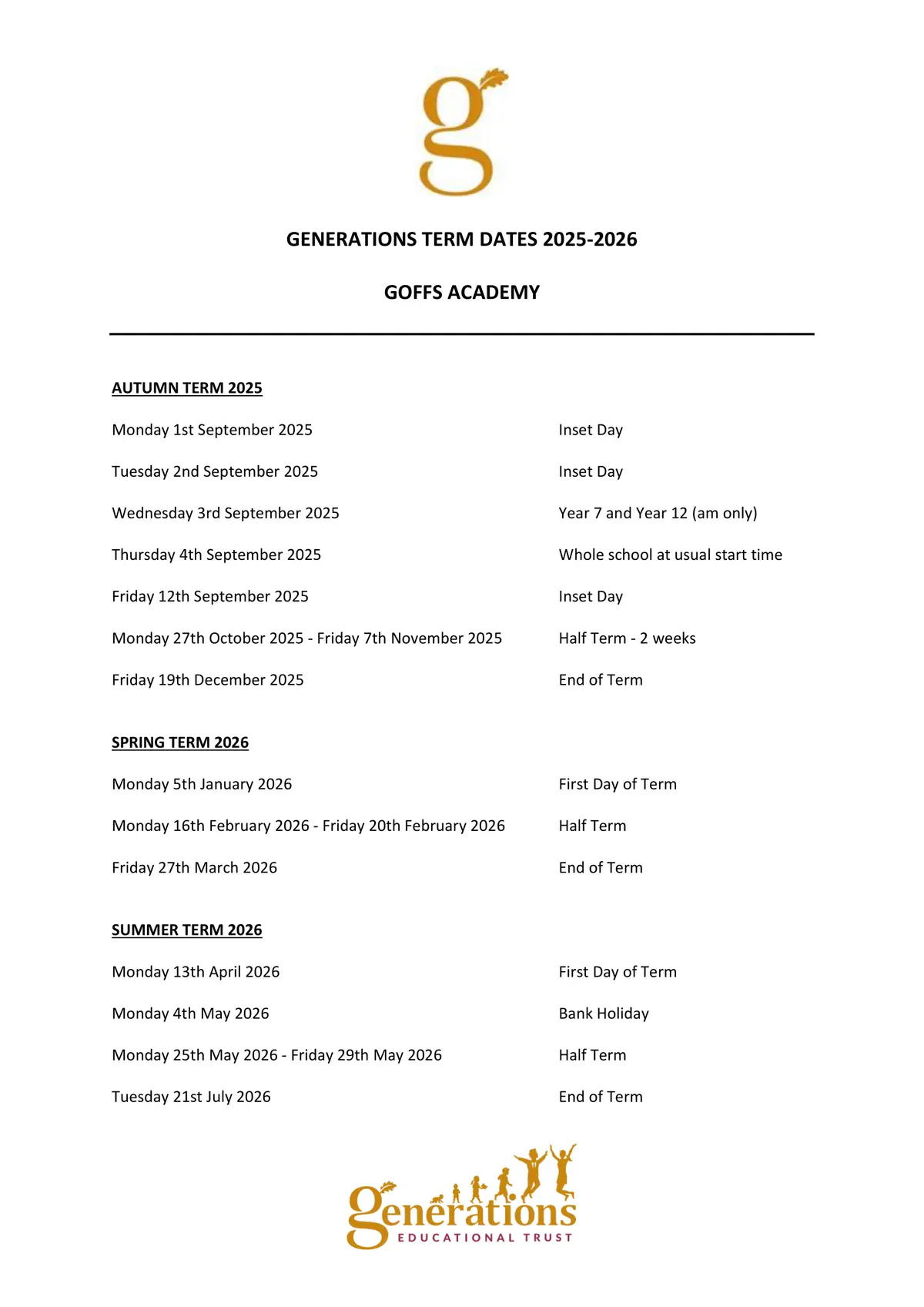Goffs Academy term dates