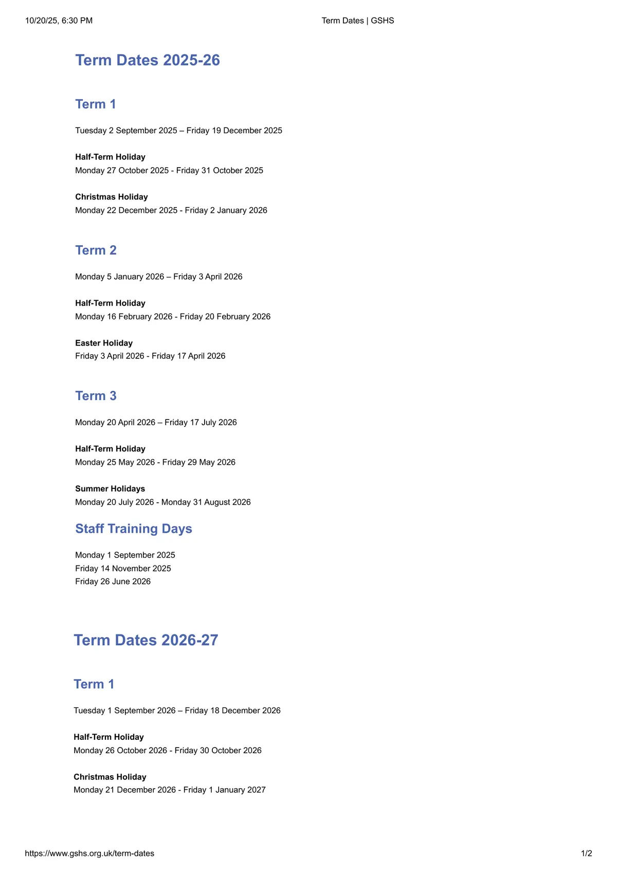 Gosforth Academy term dates