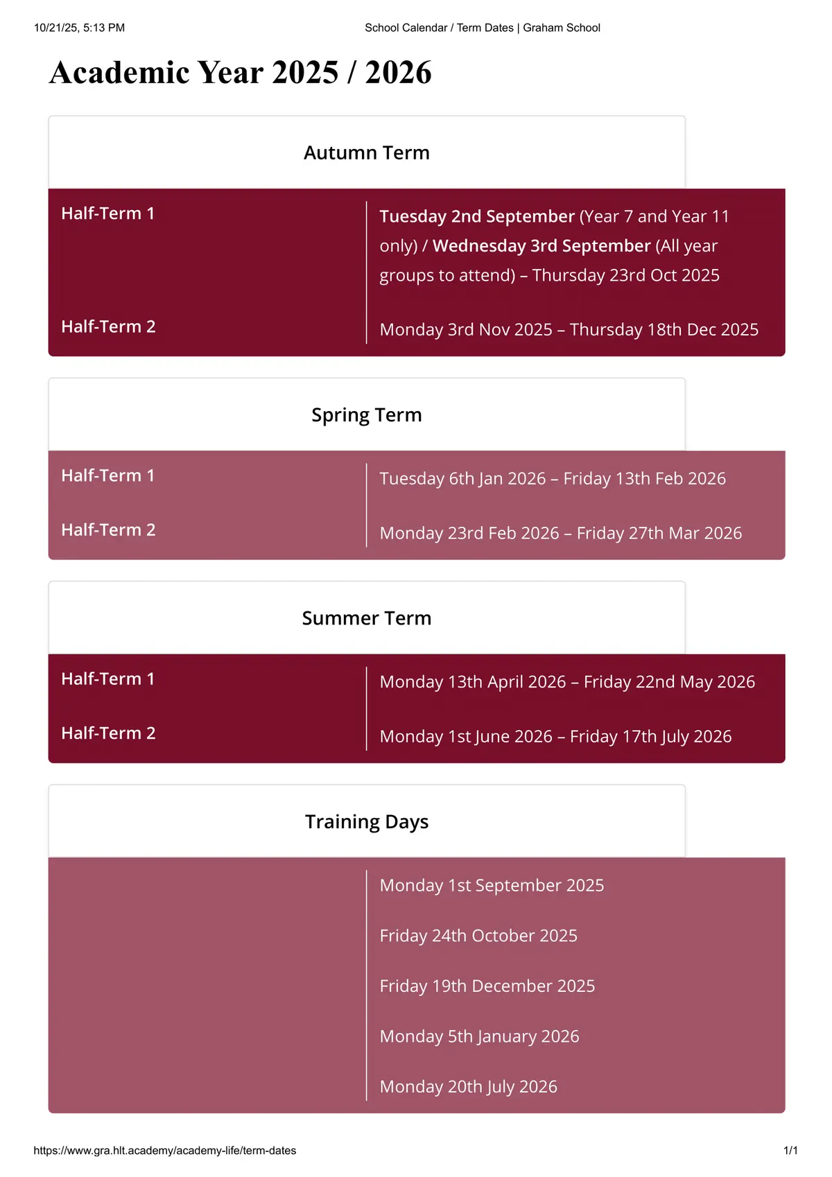 Graham School term dates
