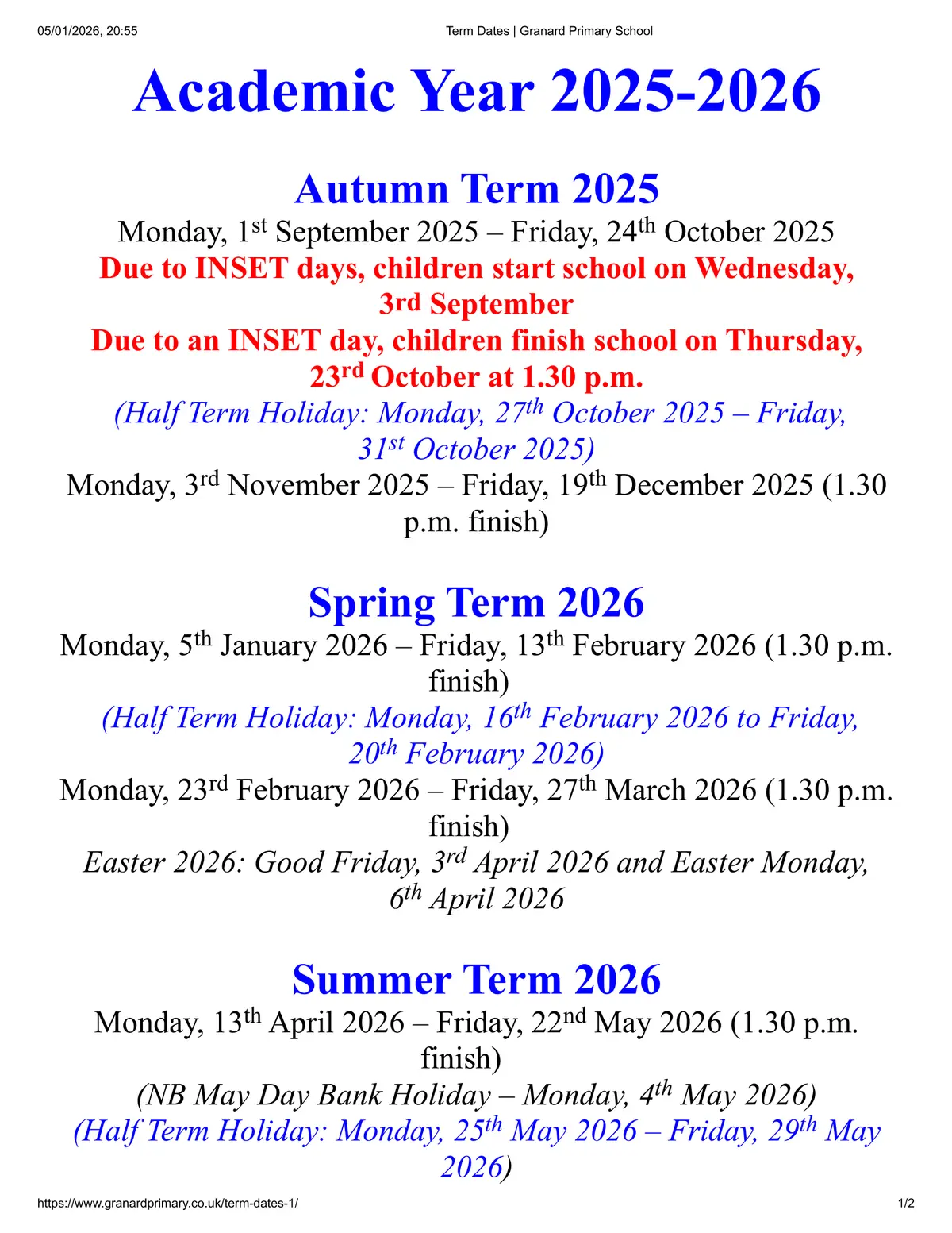 Granard Primary School term dates