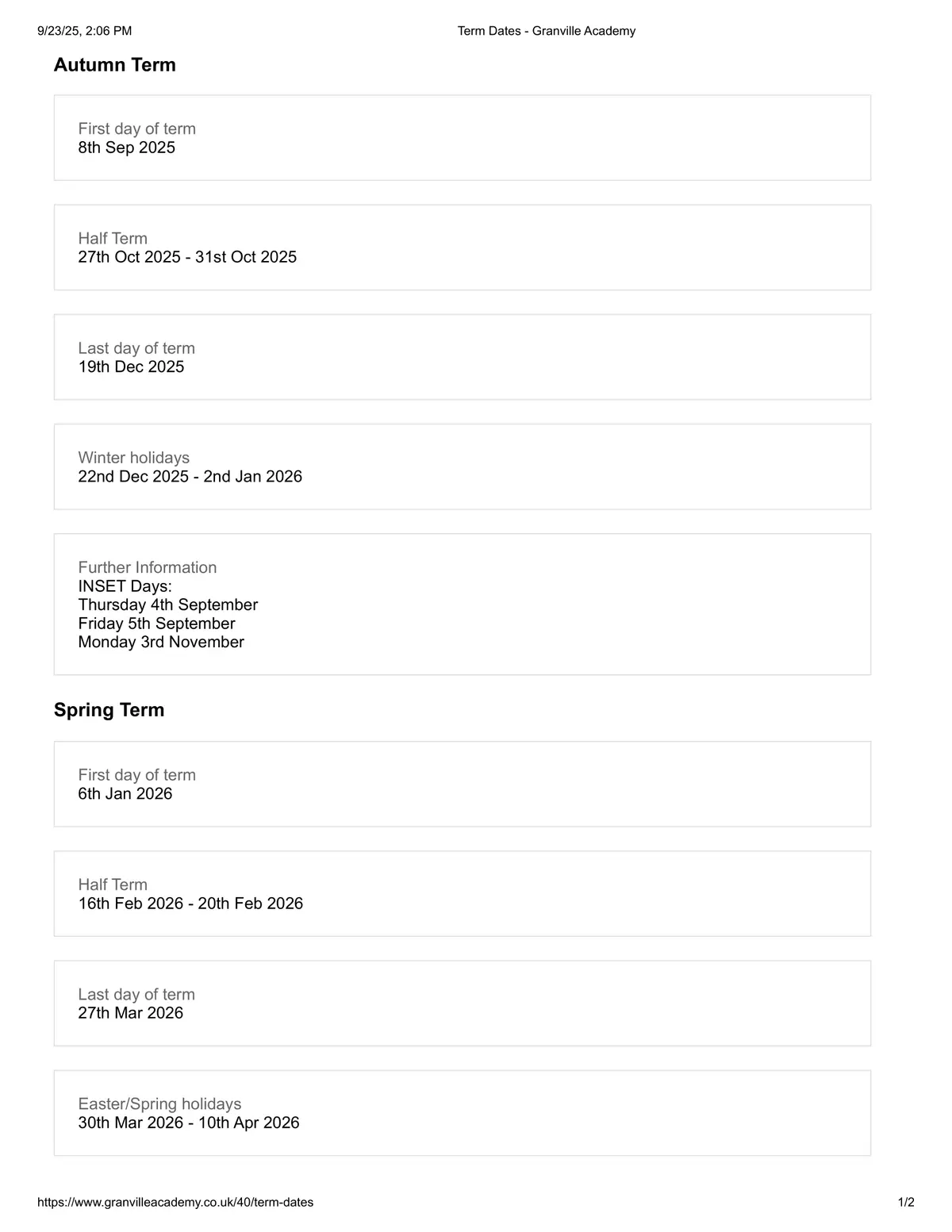 Granville Academy term dates