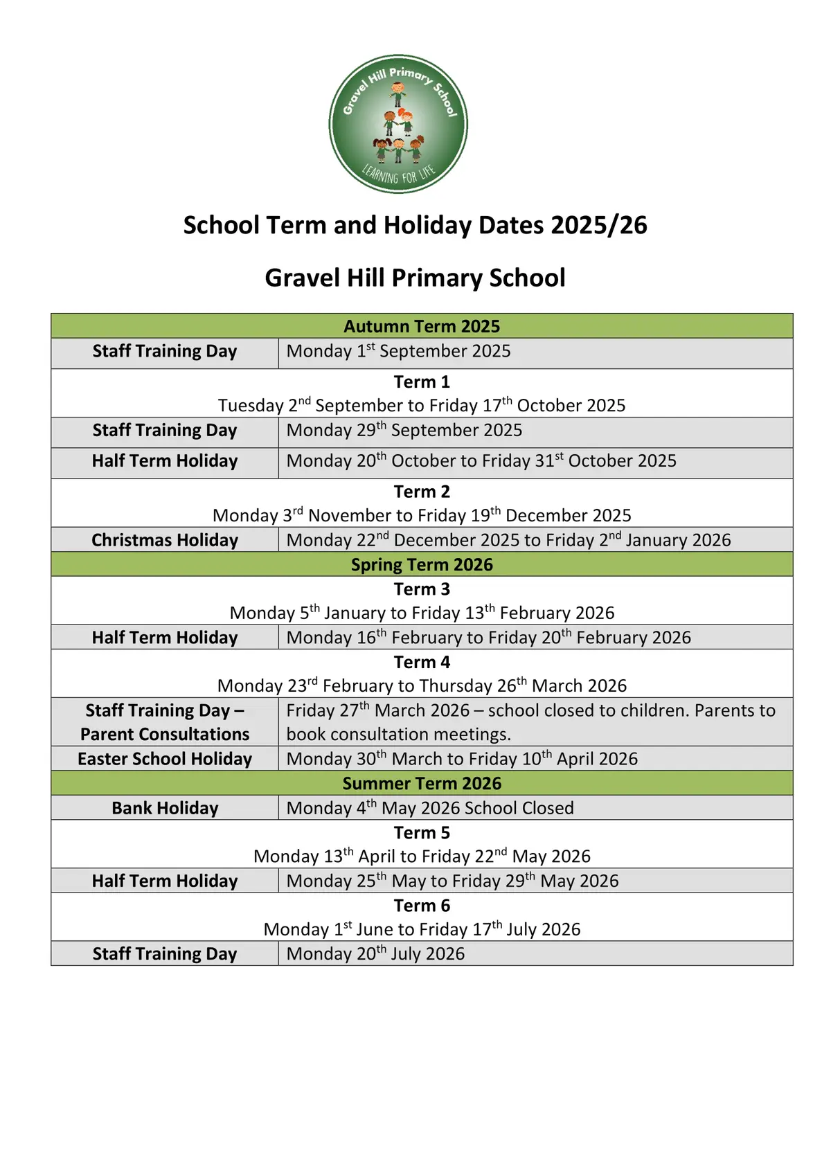 Gravel Hill Primary School term dates