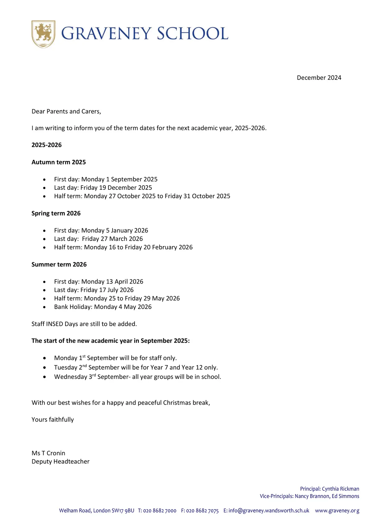 Graveney School term dates