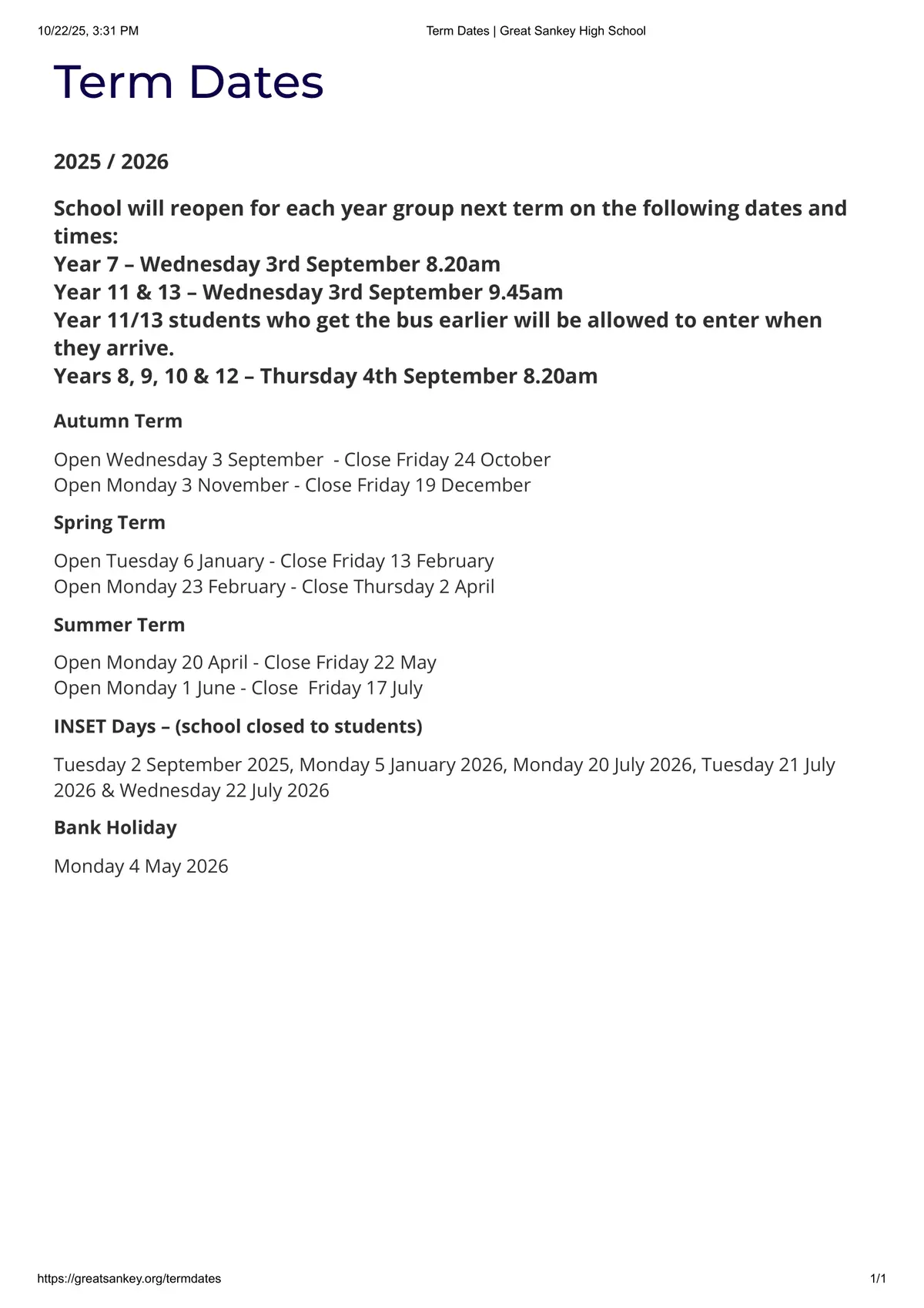 Great Sankey High School term dates