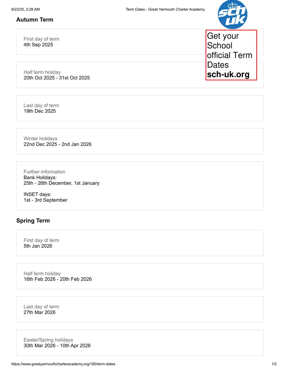 Great Yarmouth Charter Academy term dates