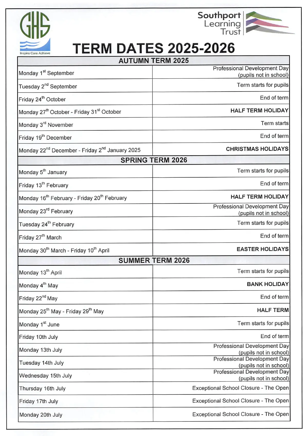 Greenbank High School term dates