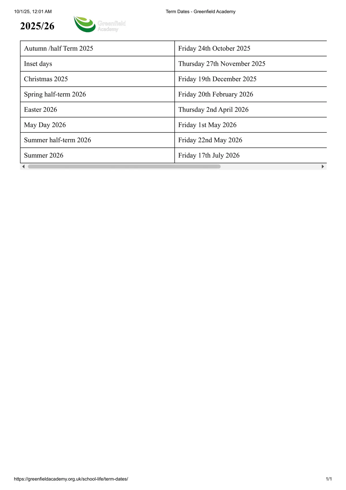 Greenfield Academy term dates