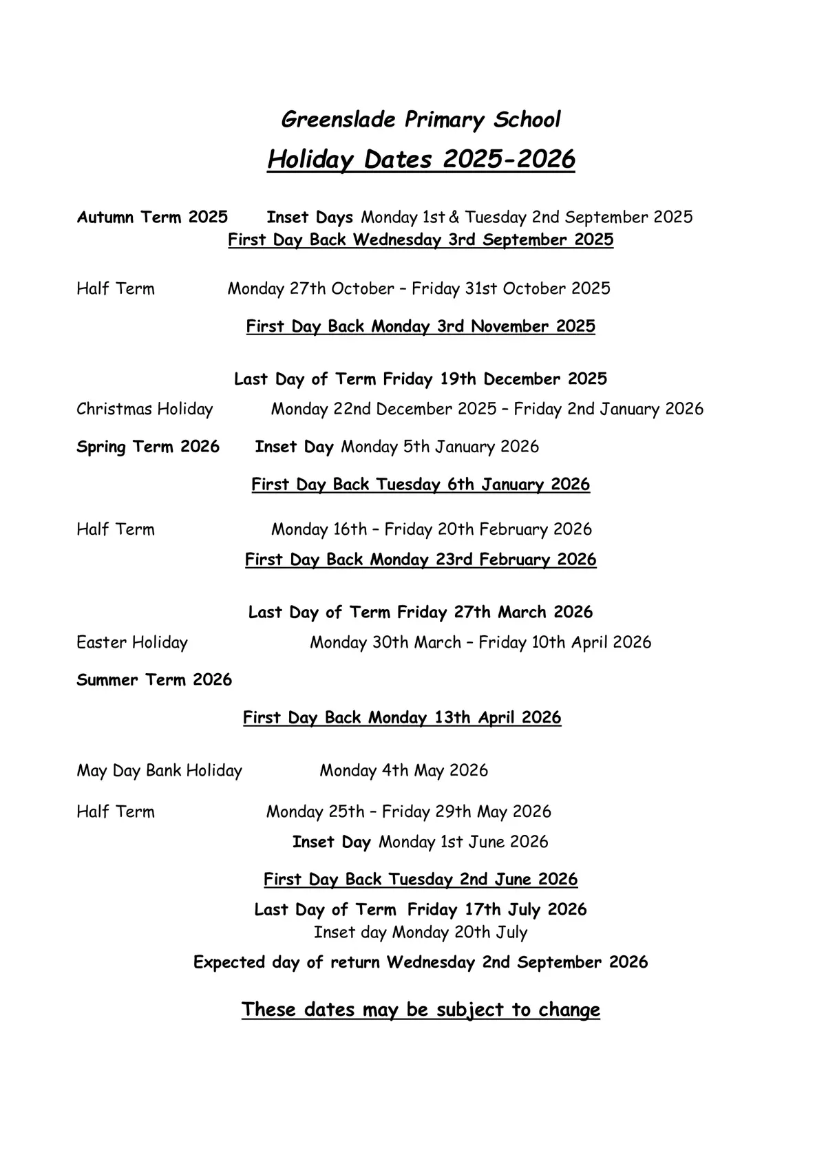 Greenslade Primary School term dates