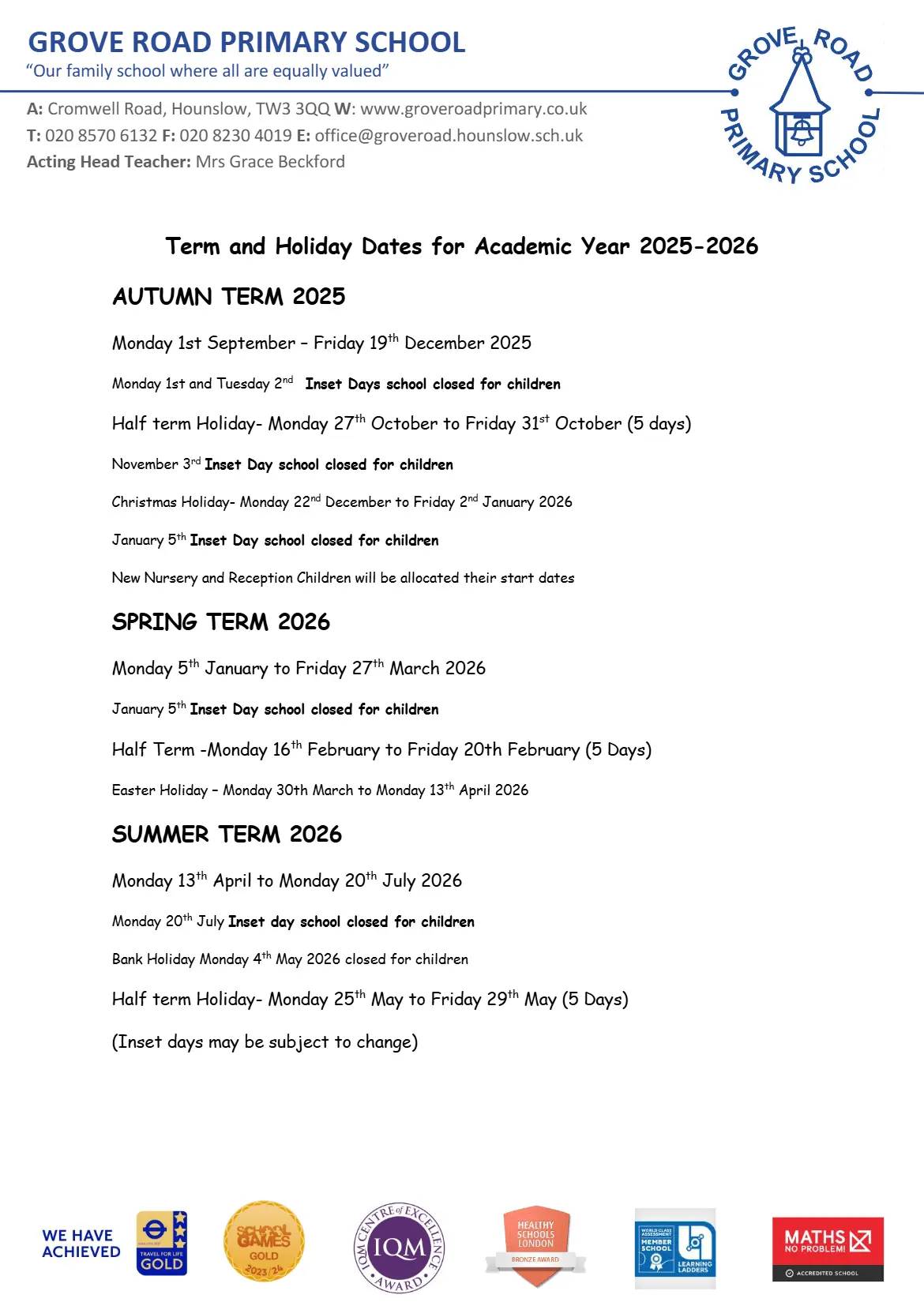Grove Road Primary School term dates