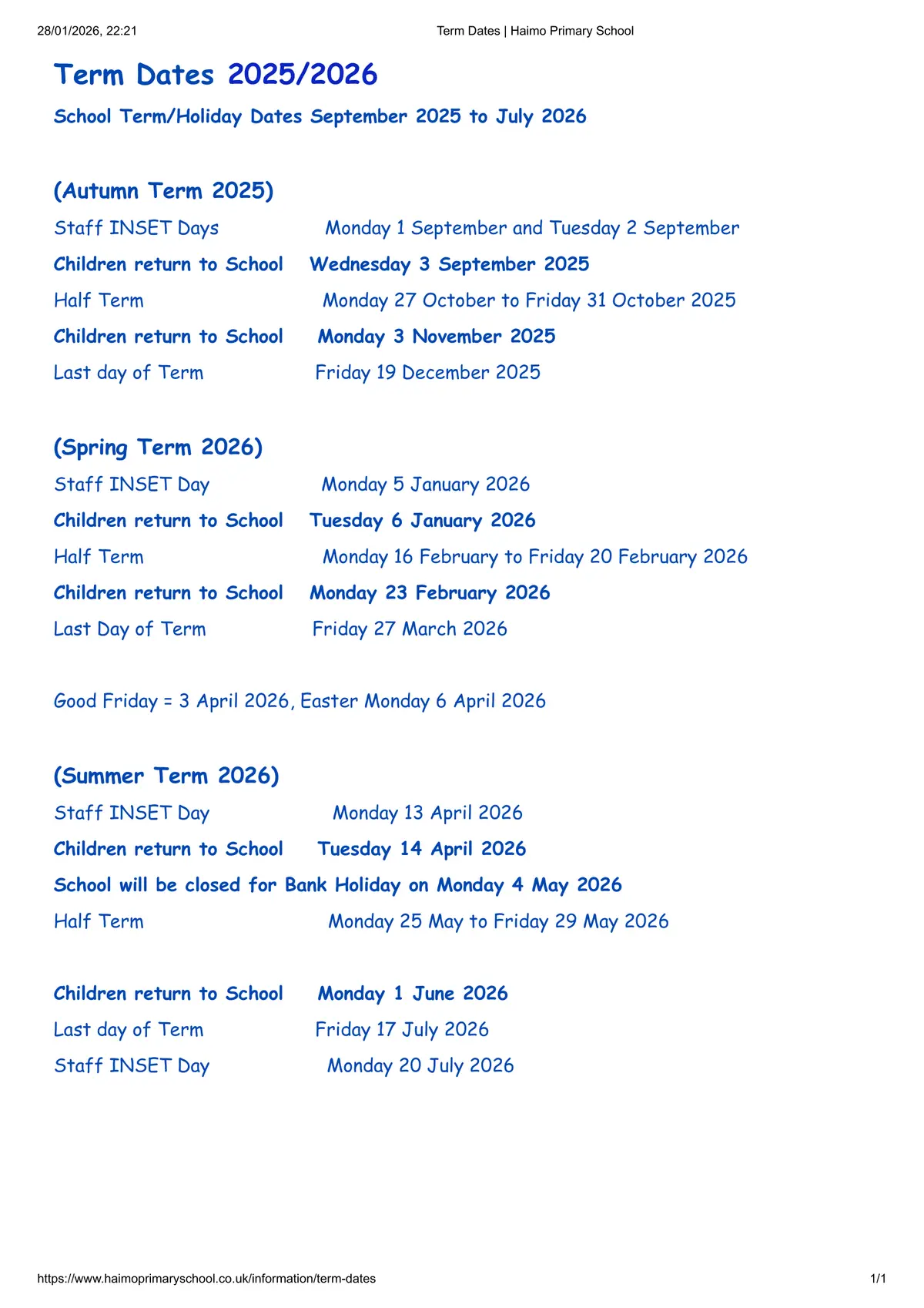 Haimo Primary School term dates