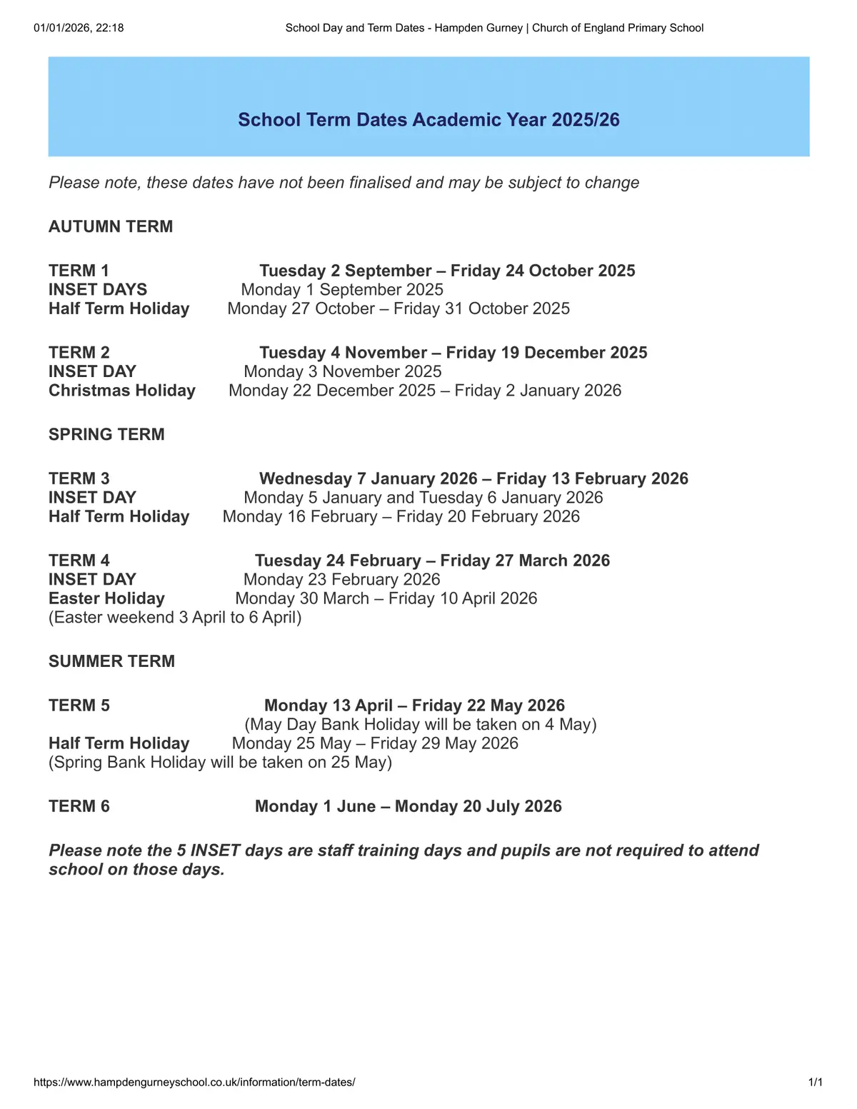 Hampden Gurney CofE Primary School term dates