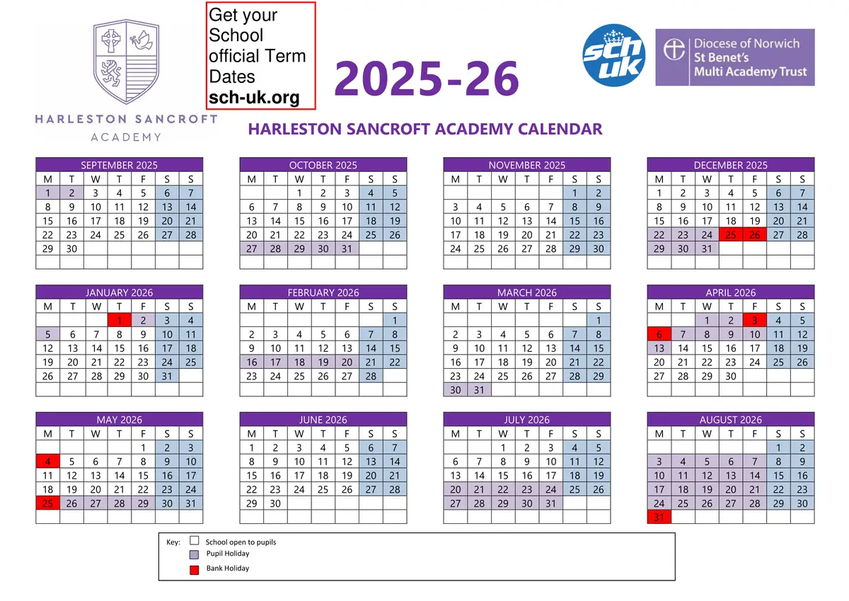 The Harleston Sancroft Academy (a 3-16 Church of England School) term dates