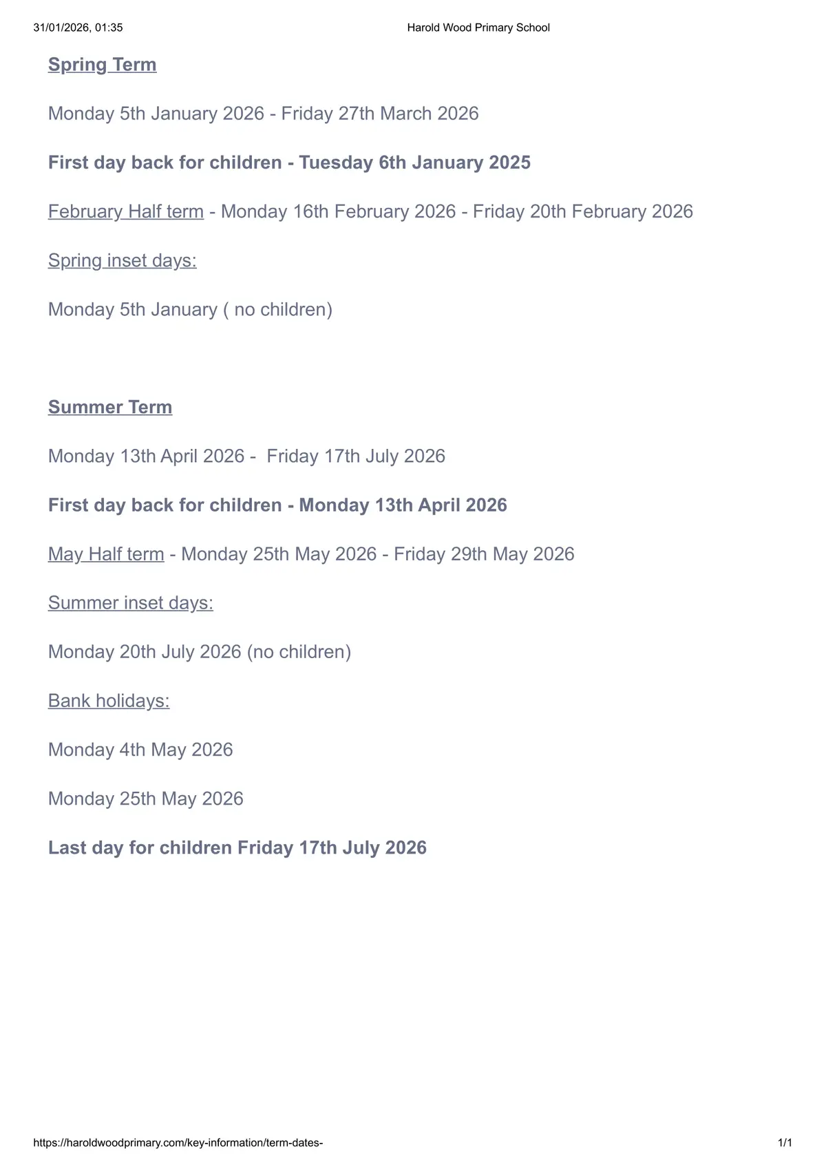 Harold Wood Primary School term dates