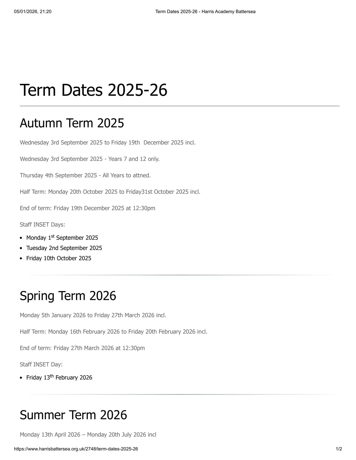 Harris Academy Battersea term dates