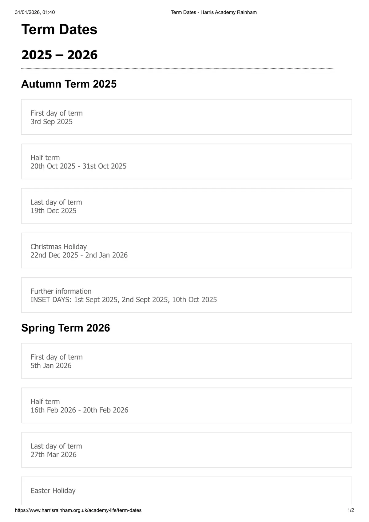 Harris Academy Rainham term dates
