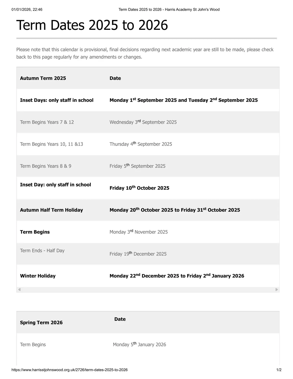 Harris Academy St John's Wood term dates