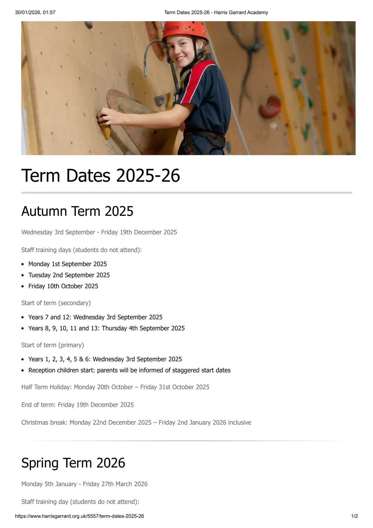 Harris Garrard Academy term dates