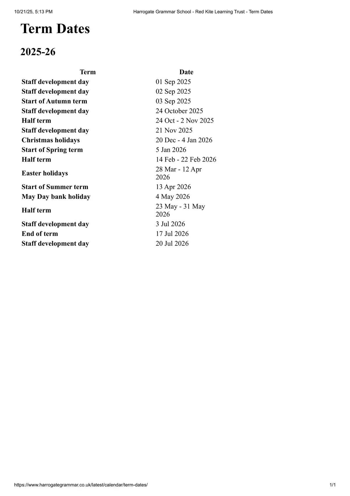 Harrogate Grammar School term dates