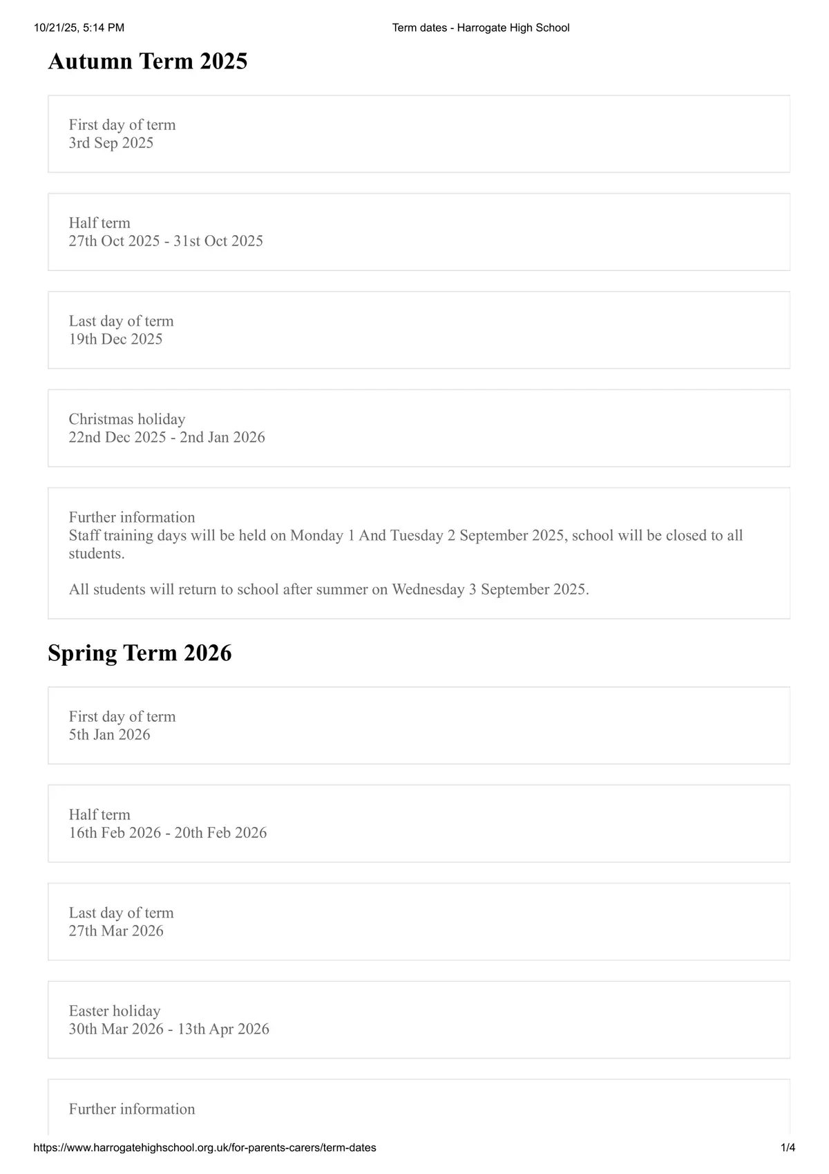 Harrogate High School term dates