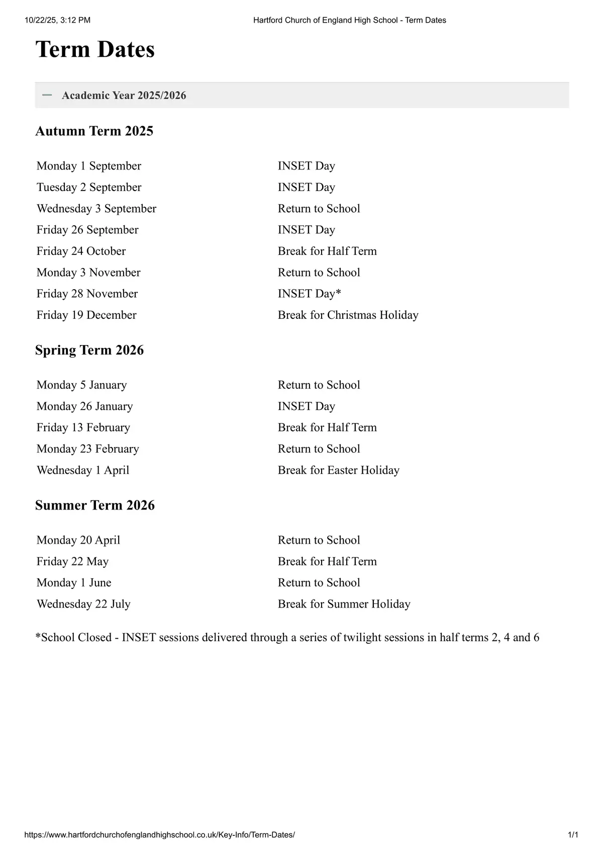 Hartford Church of England High School term dates