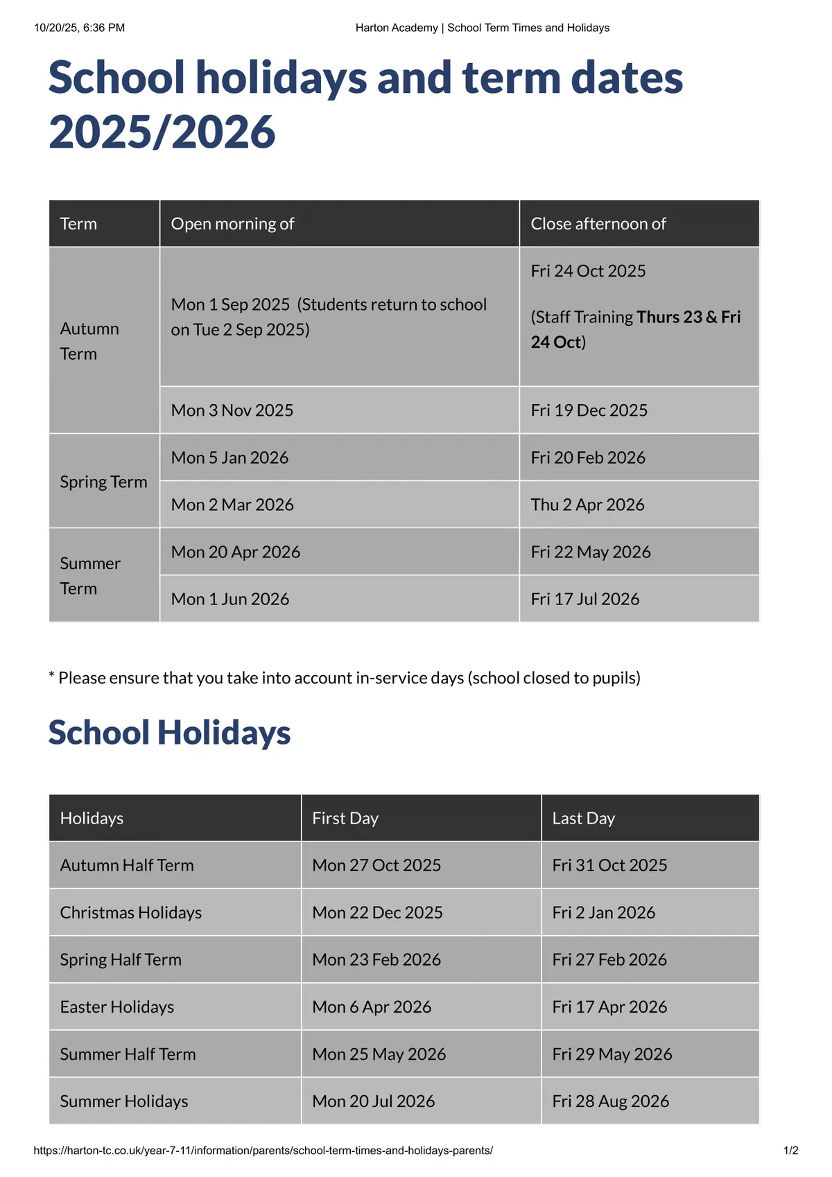 Harton Academy term dates