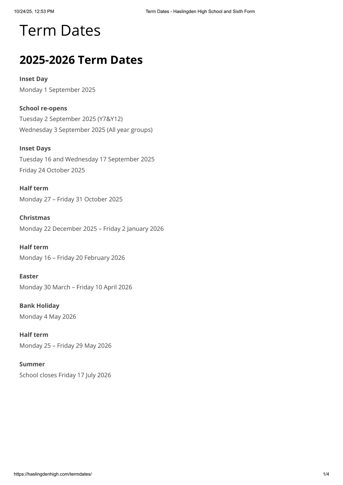 Haslingden High School and Sixth Form term dates
