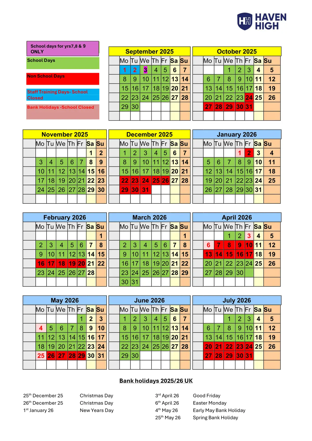 Haven High Academy term dates