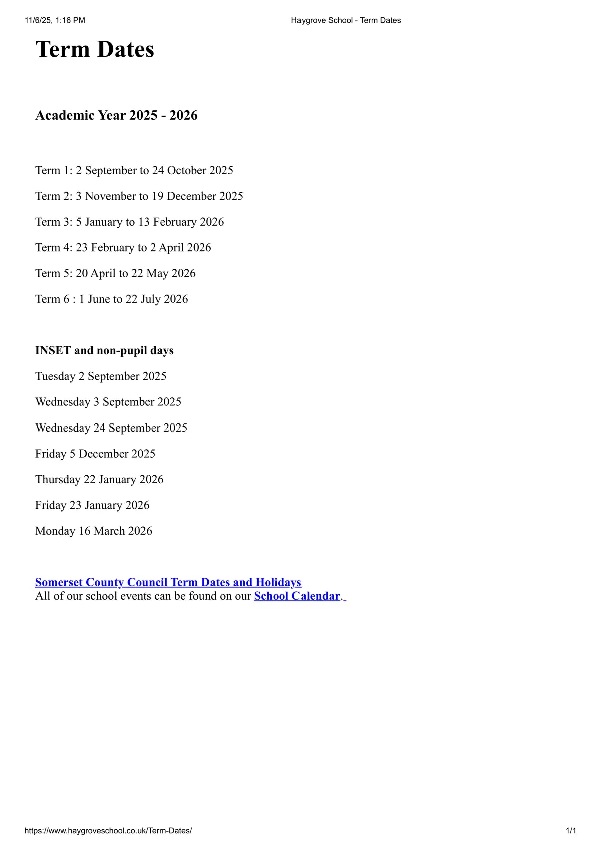 Haygrove School term dates