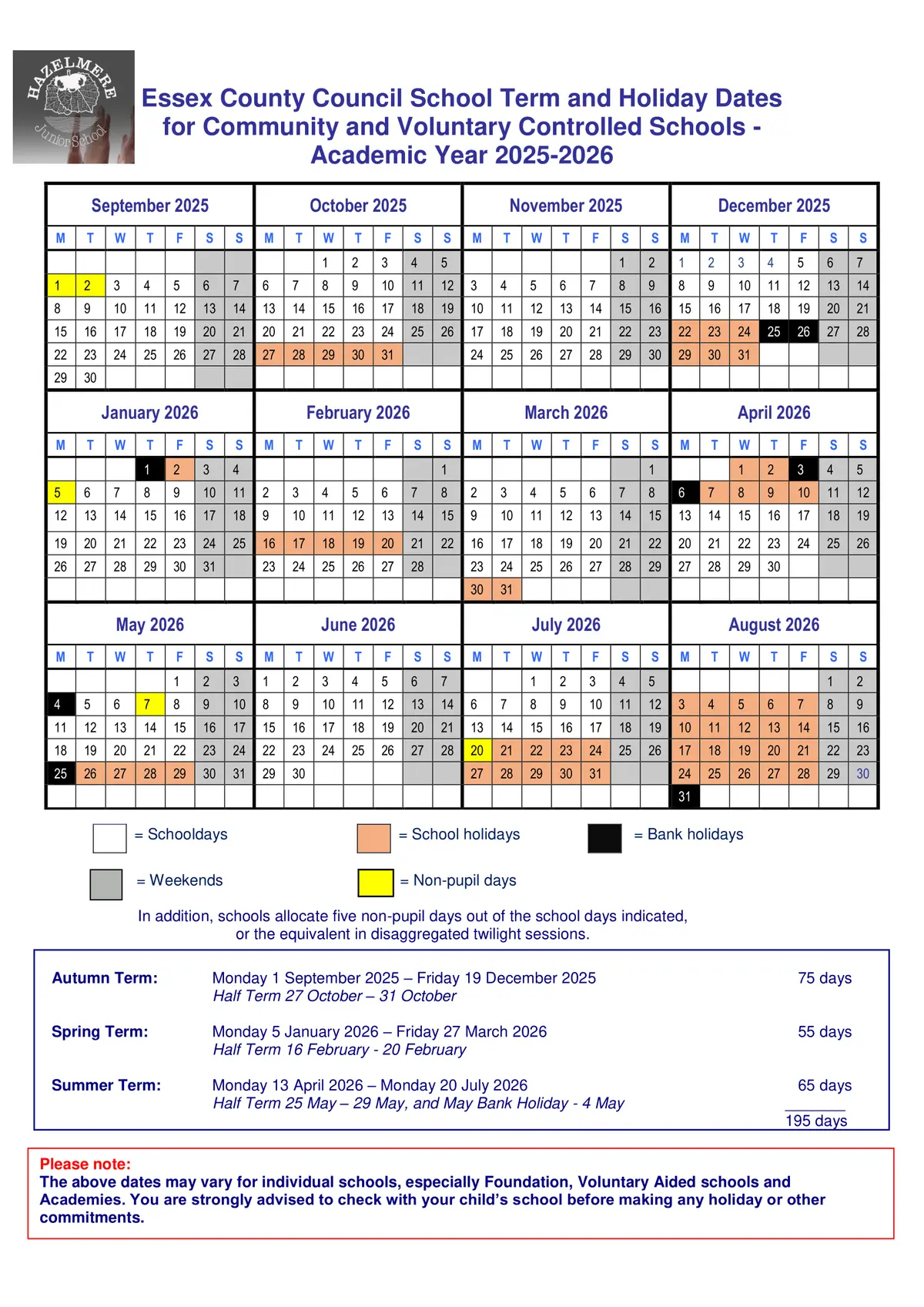 Hazelmere Junior School term dates