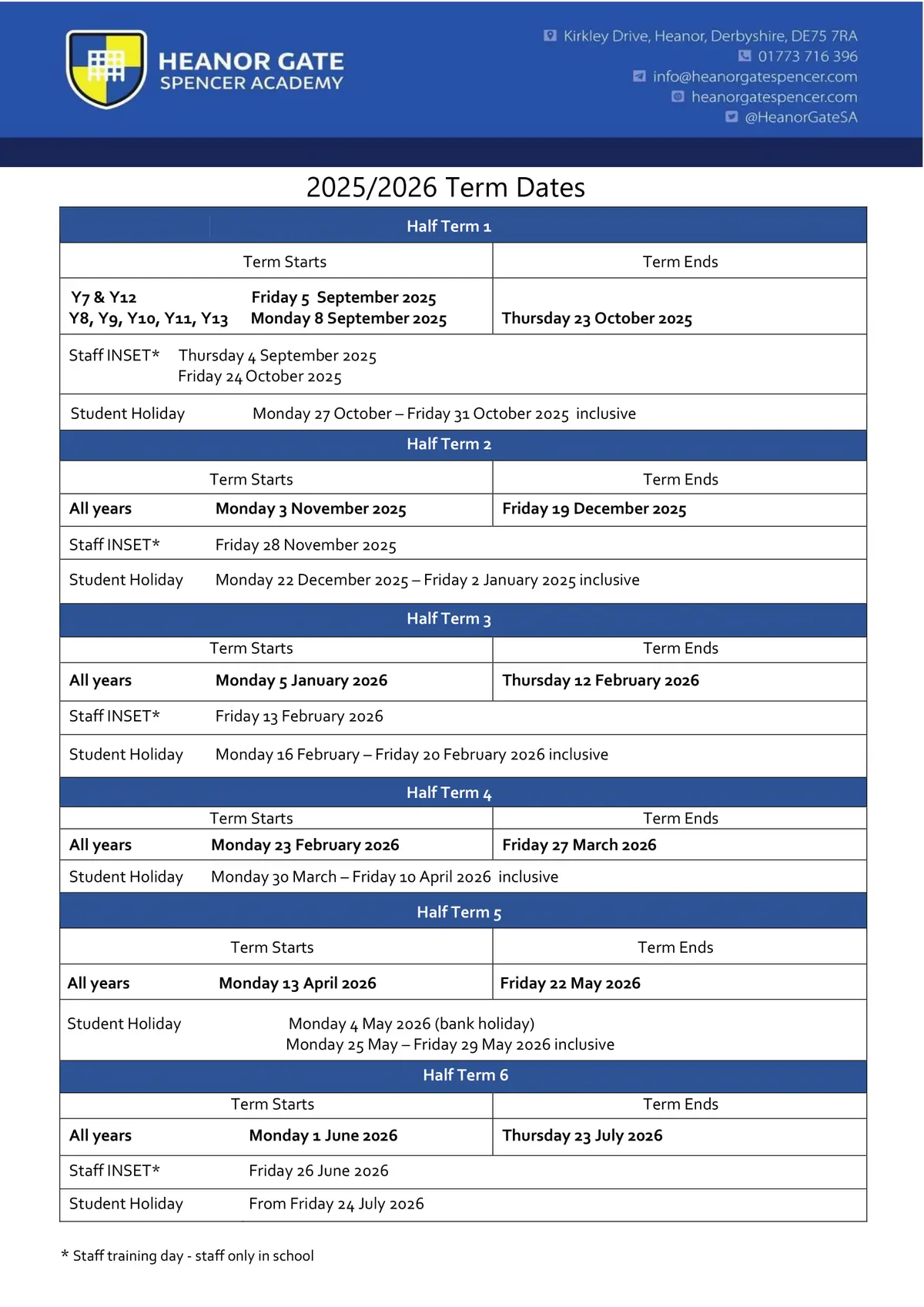 Heanor Gate Spencer Academy term dates