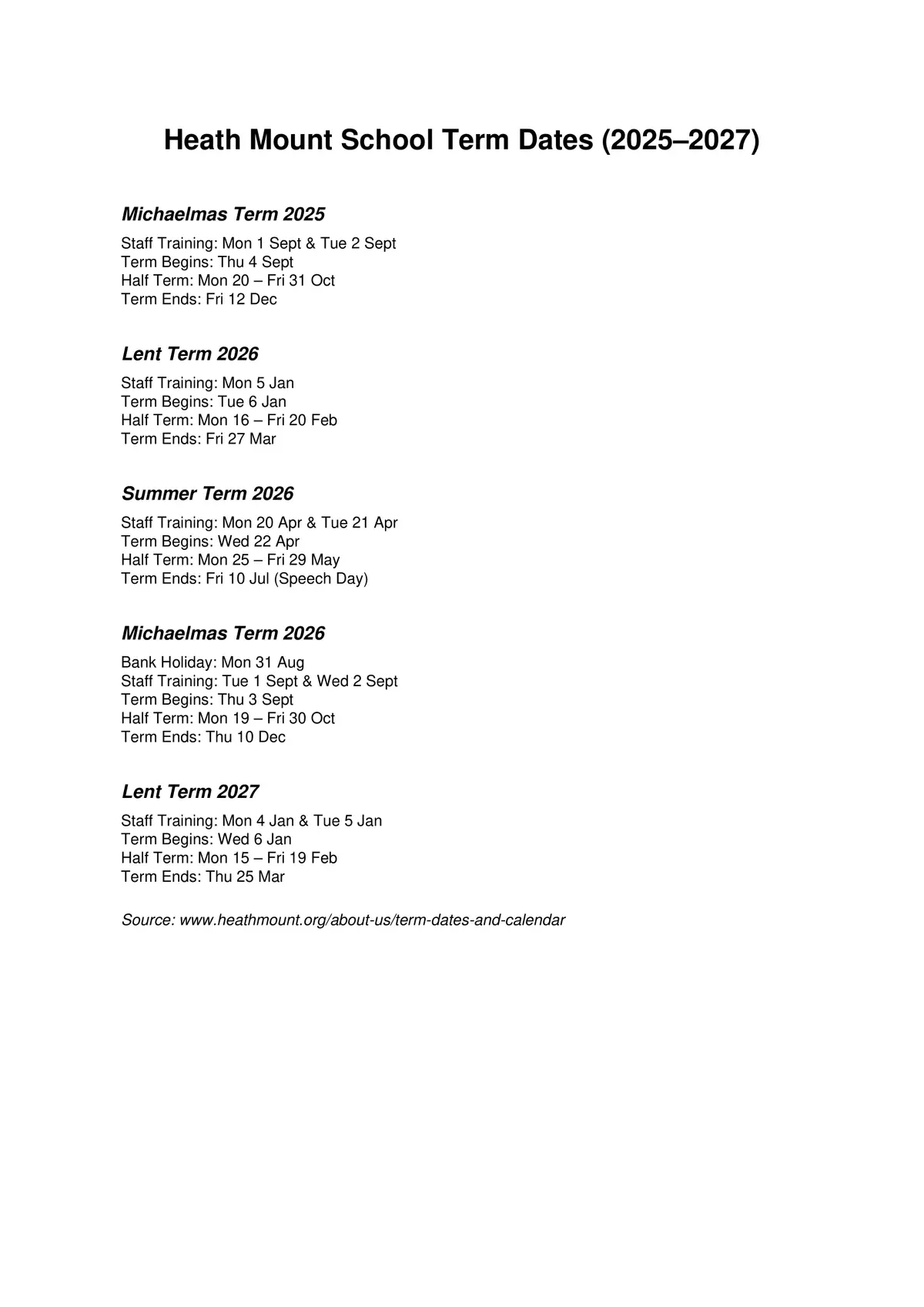 Heath Mount School term dates