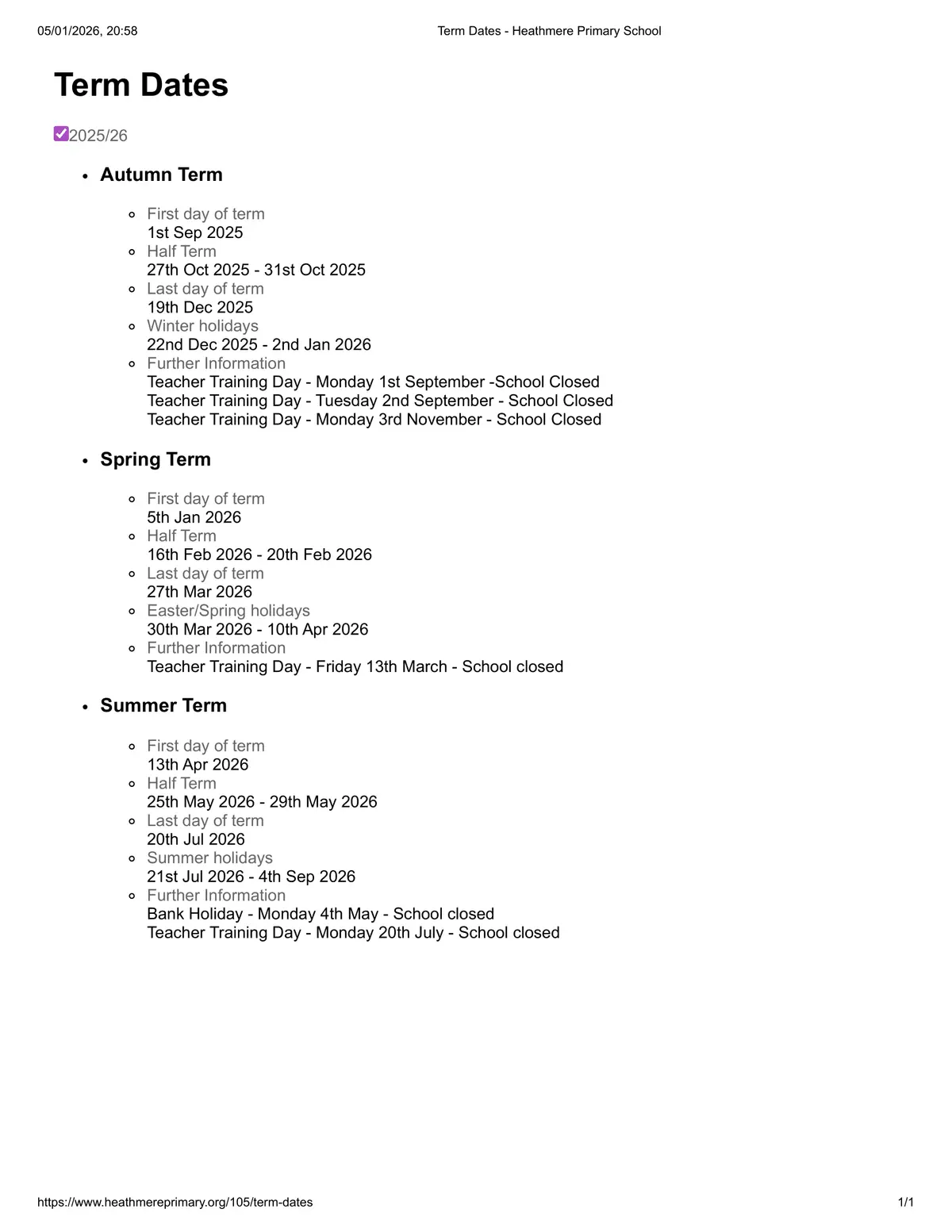 Heathmere Primary School term dates