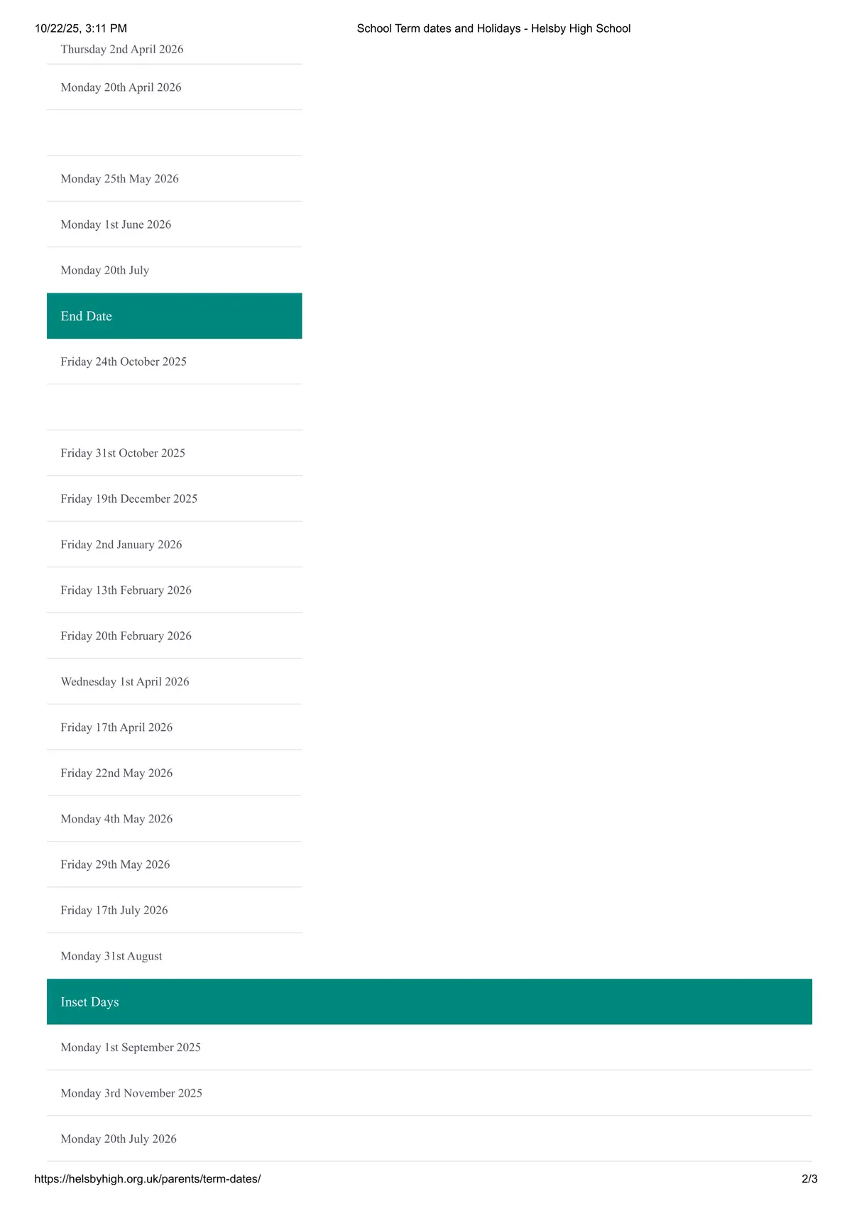 Helsby High School term dates
