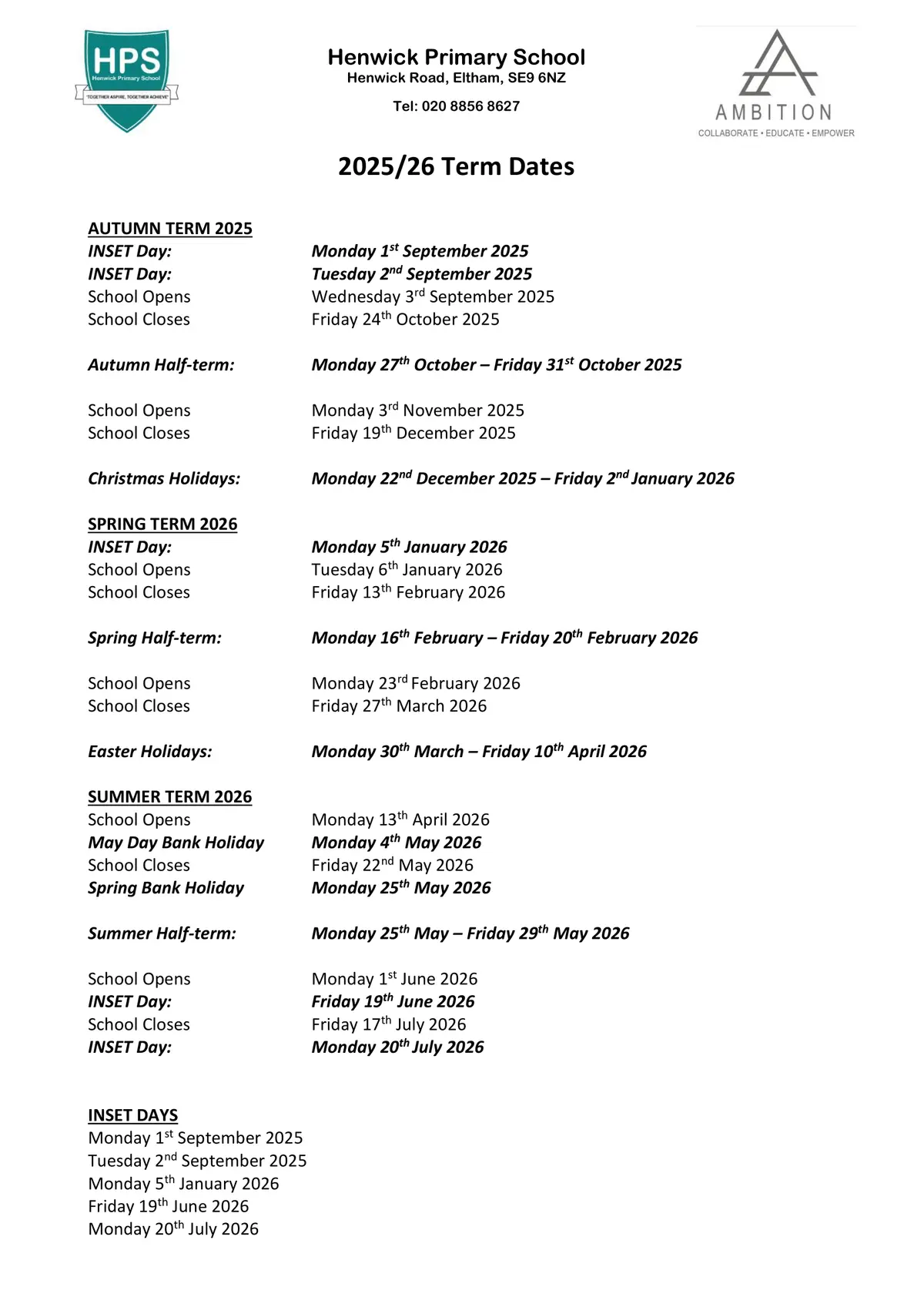 Henwick Primary School term dates