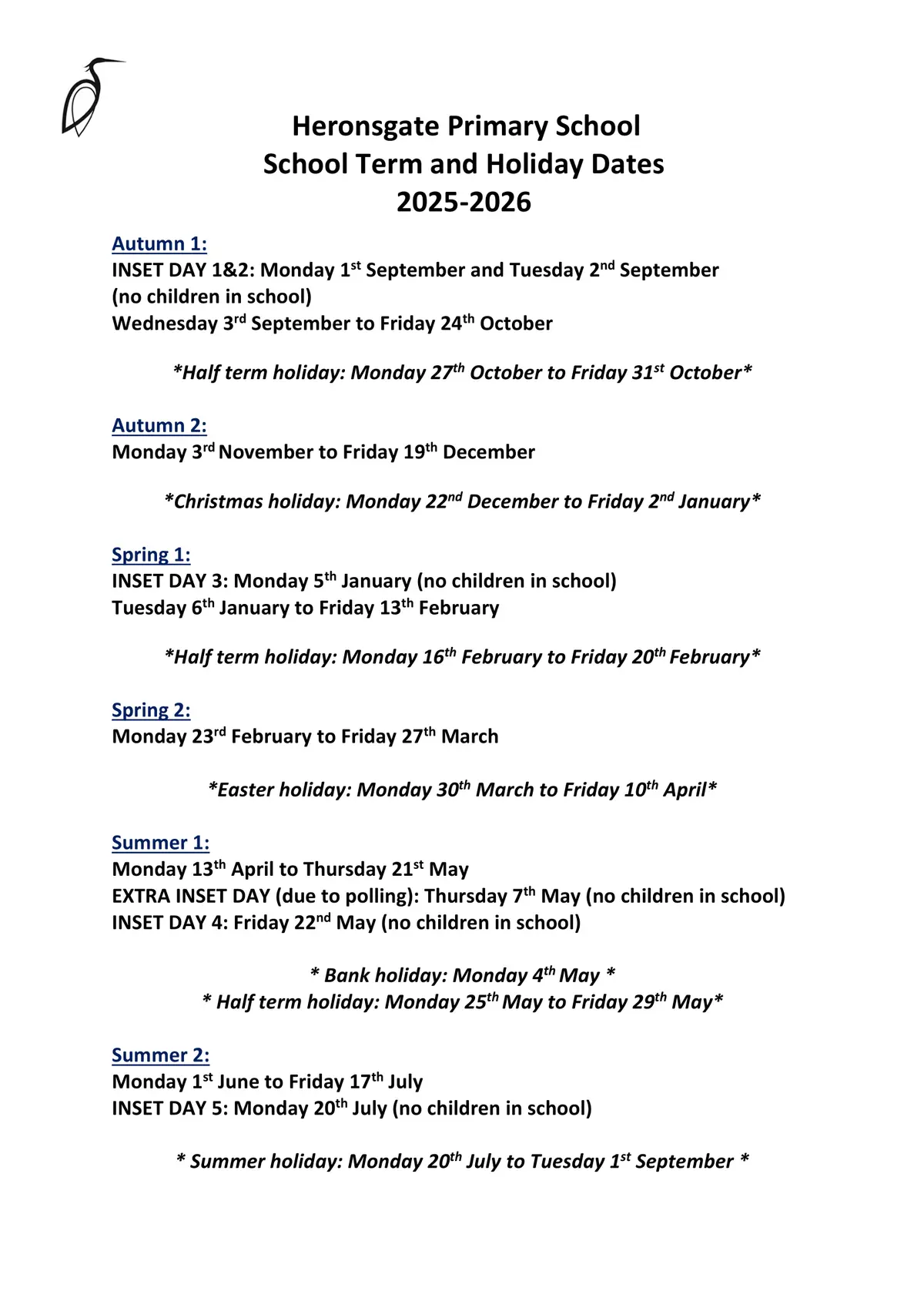 Heronsgate Primary School term dates