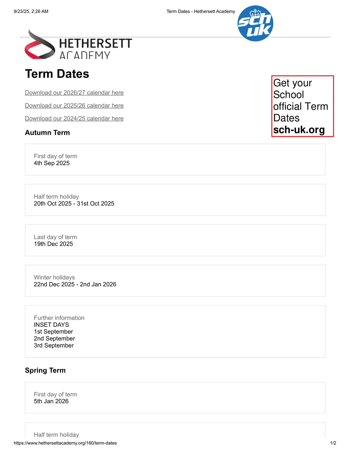 Hethersett Academy term dates