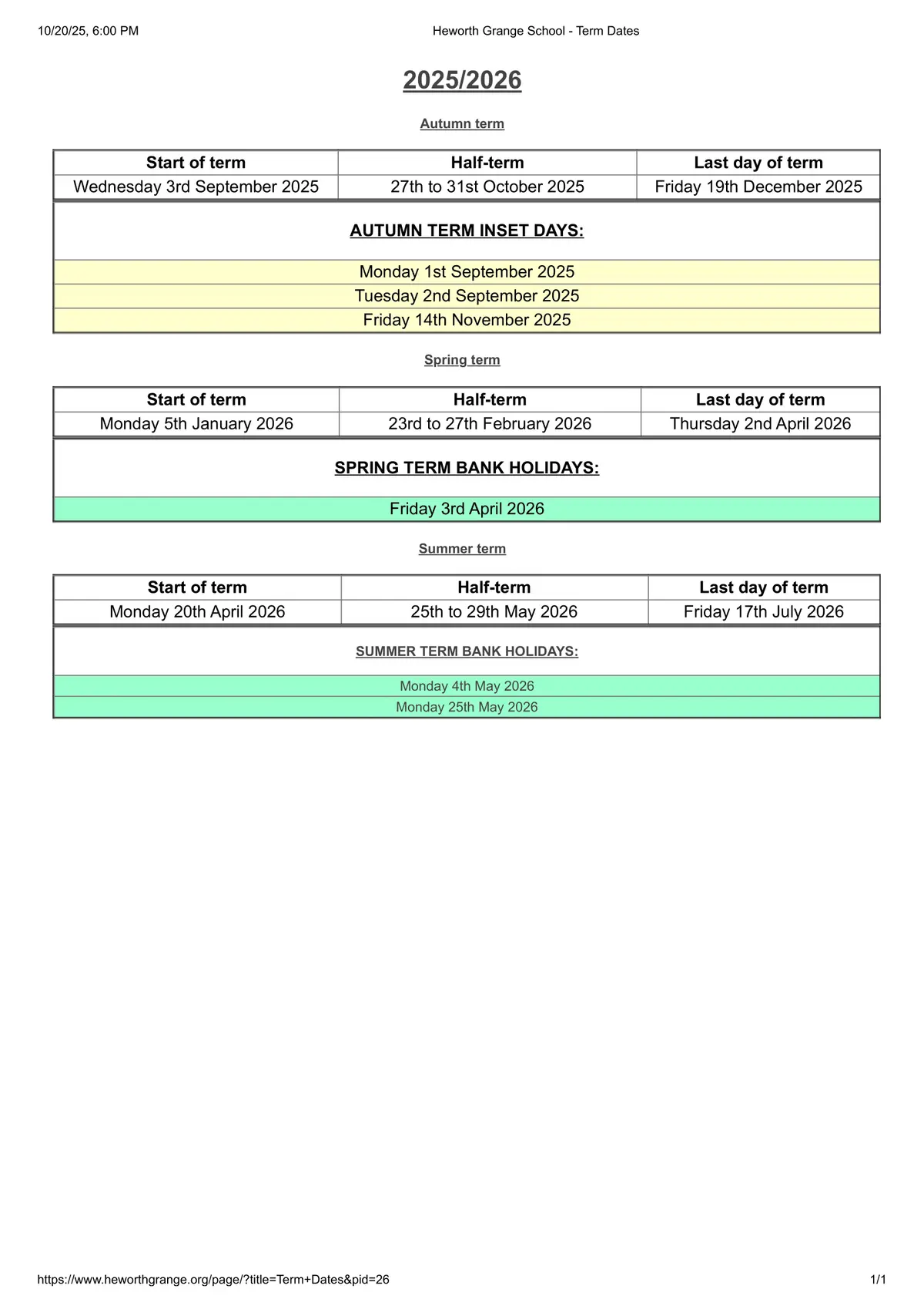 Heworth Grange School term dates