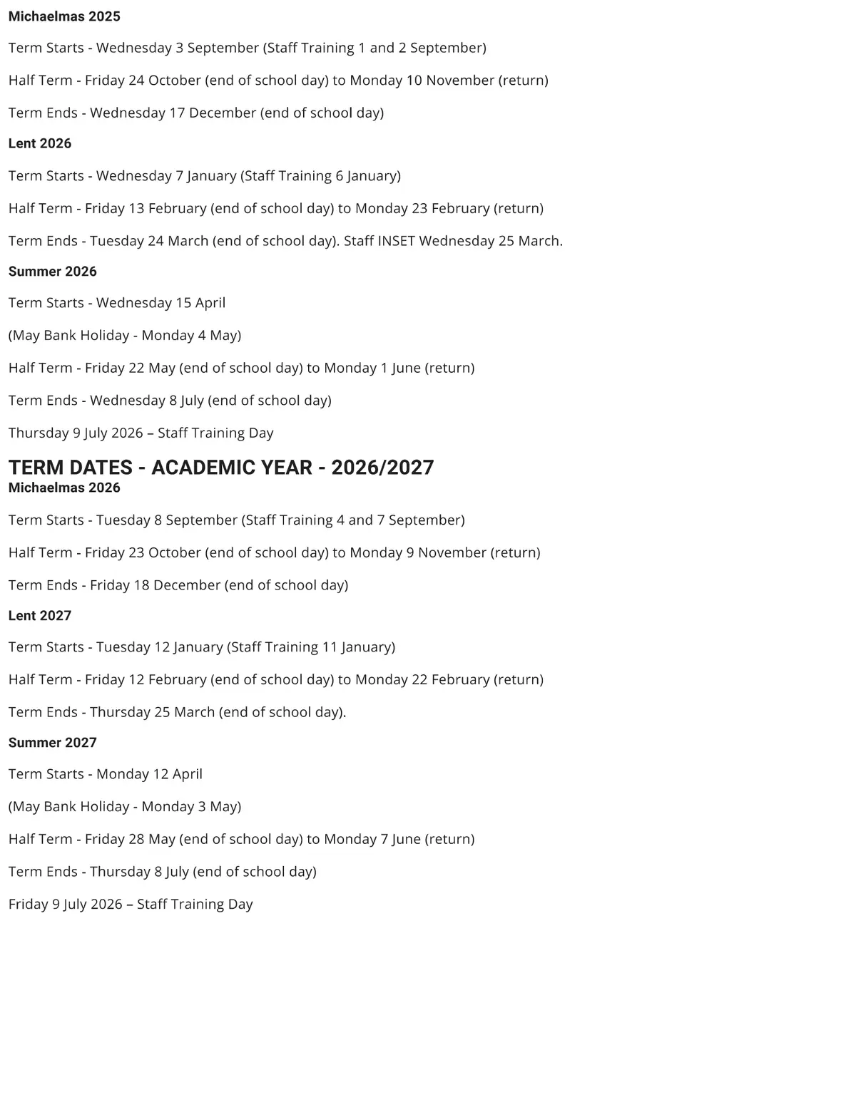 Hill House School term dates