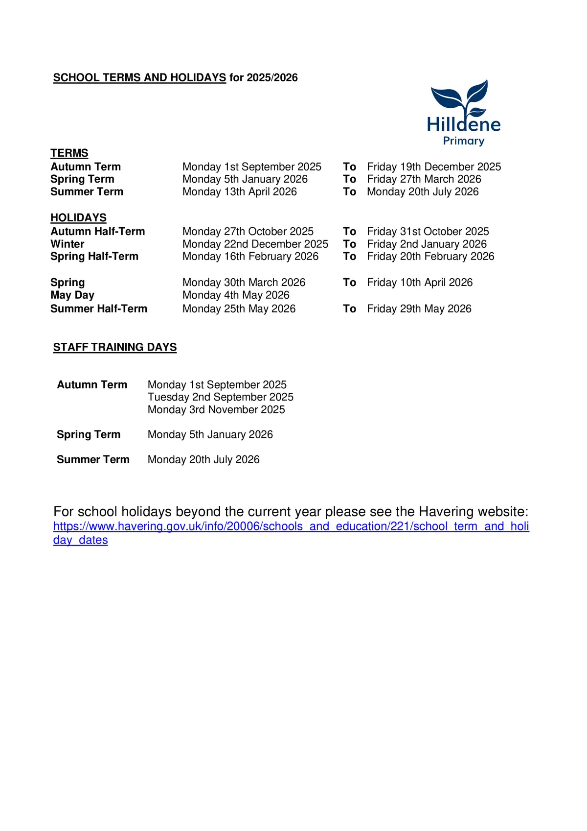 Hilldene Primary School term dates