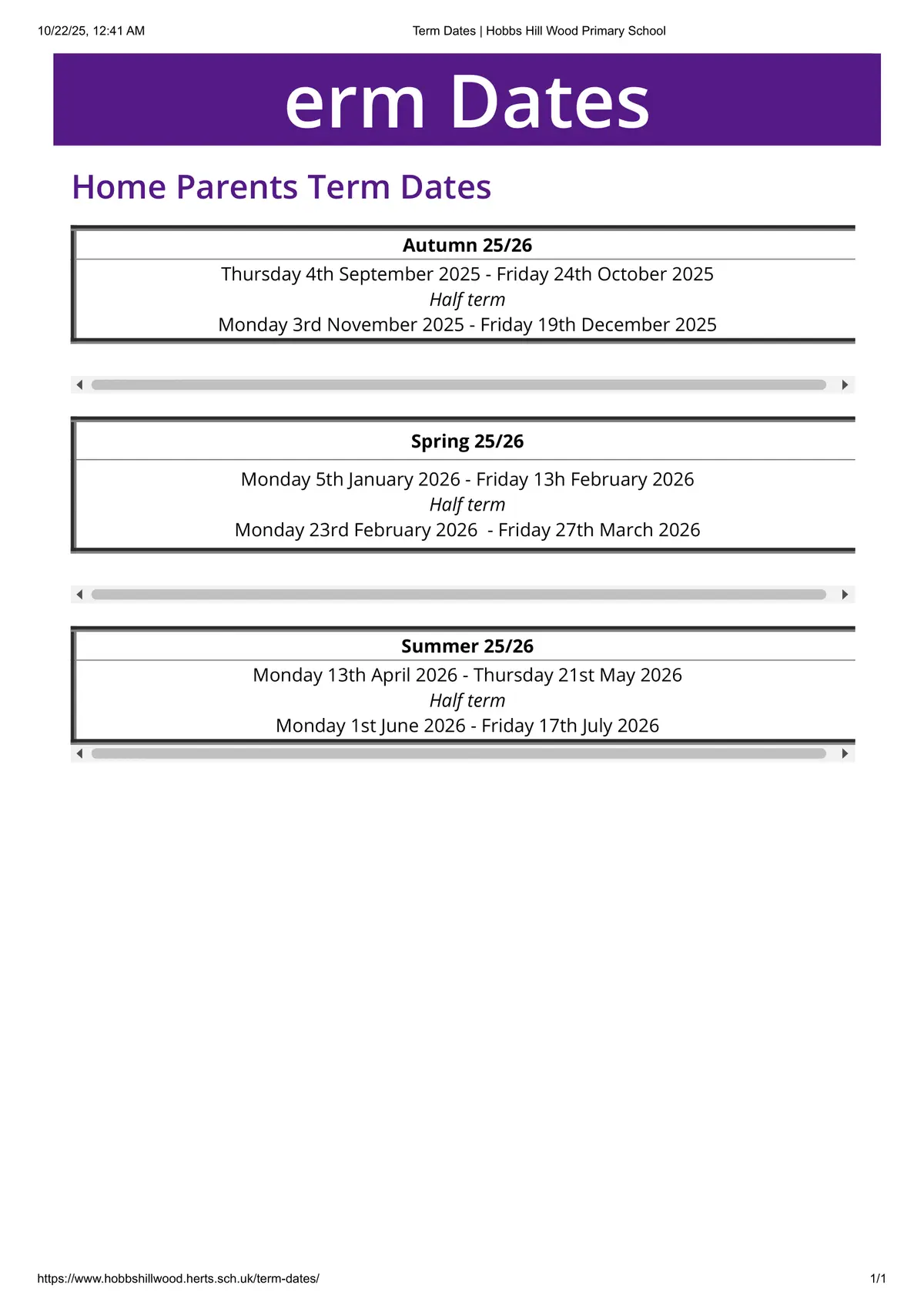 Hobbs Hill Wood Primary School term dates
