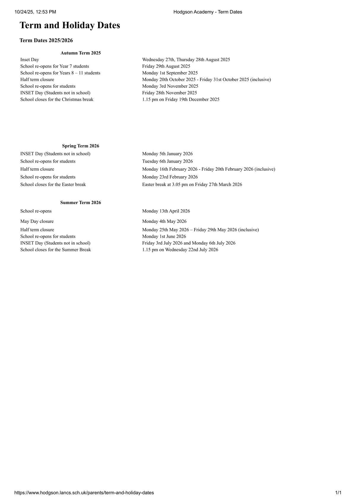Hodgson Academy term dates