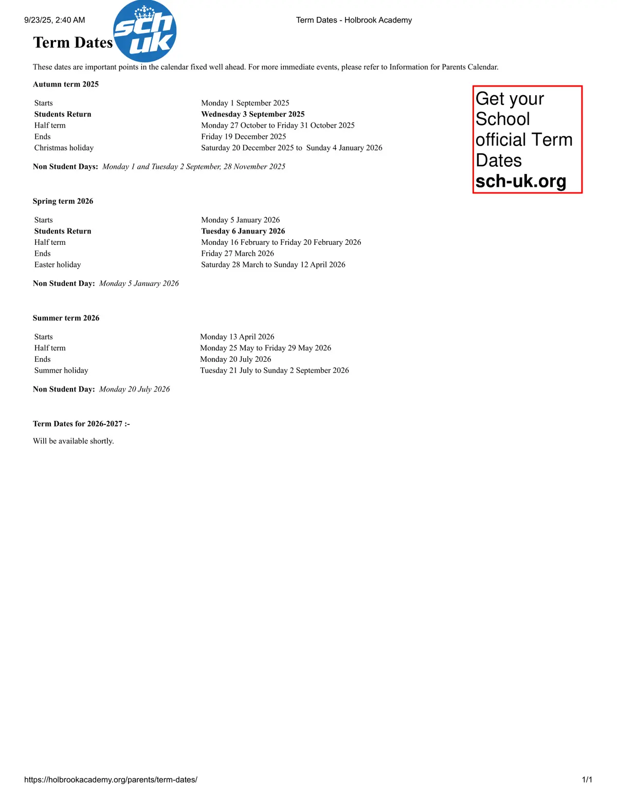 Holbrook Academy term dates