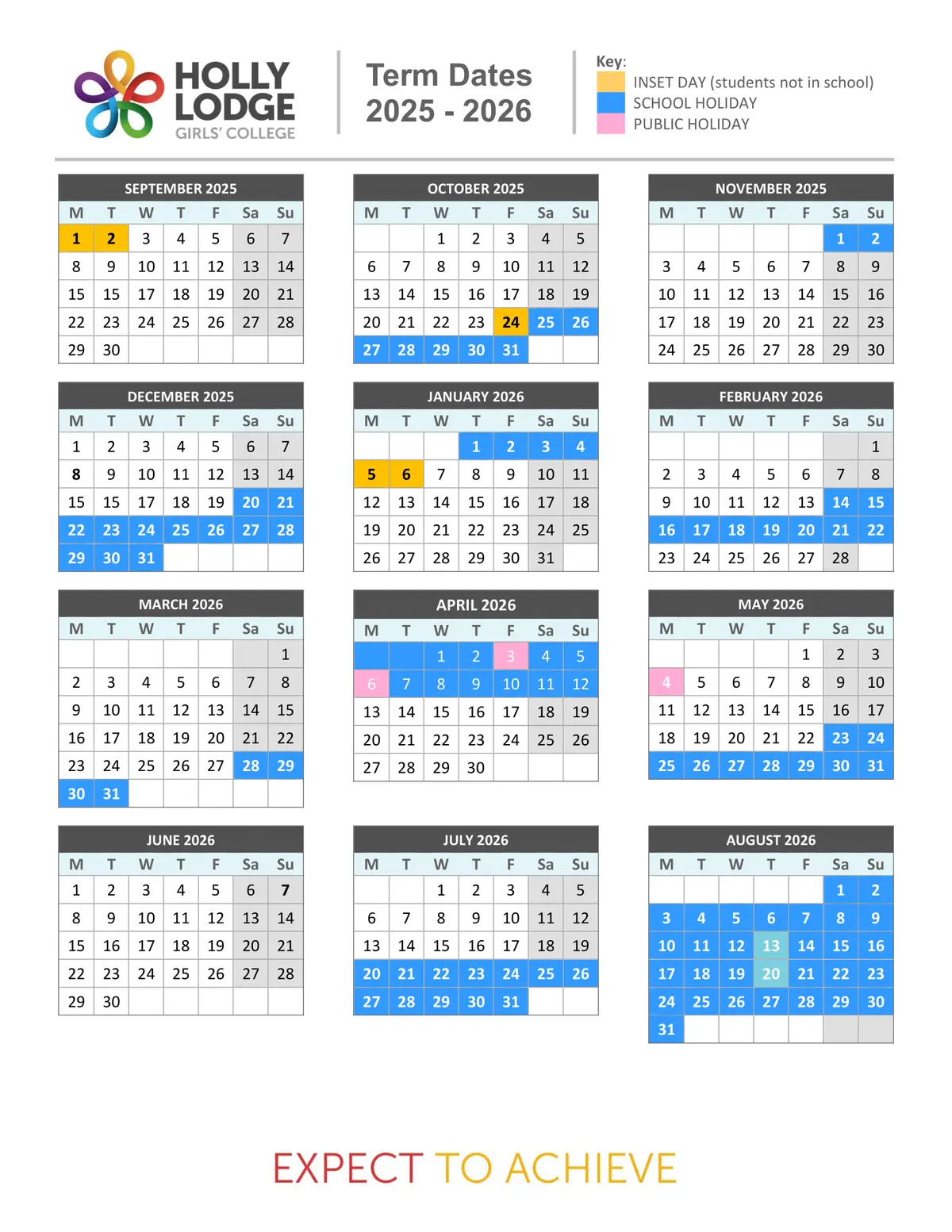 Holly Lodge Girls' College term dates