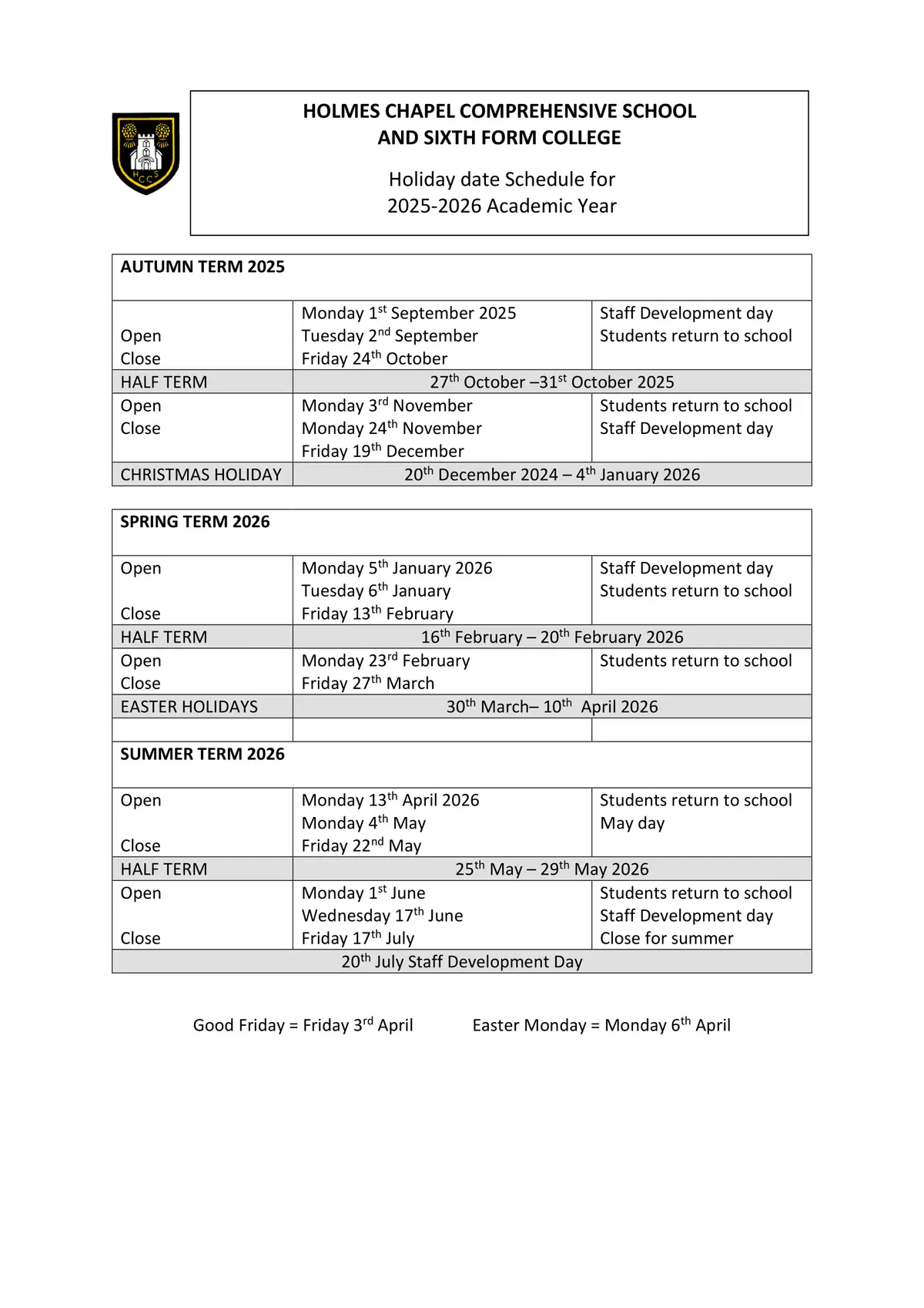 Holmes Chapel Comprehensive School term dates