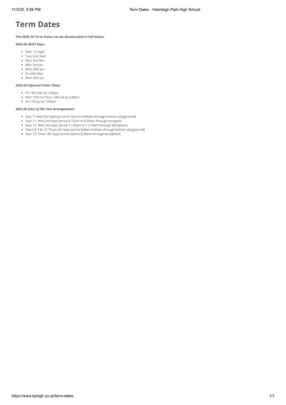 Holmleigh Park High School term dates