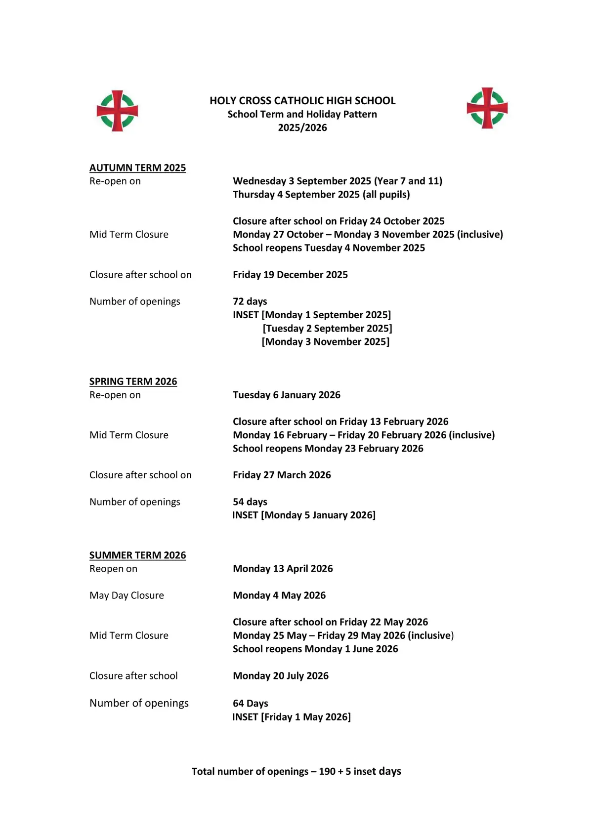 Holy Cross Catholic High School term dates