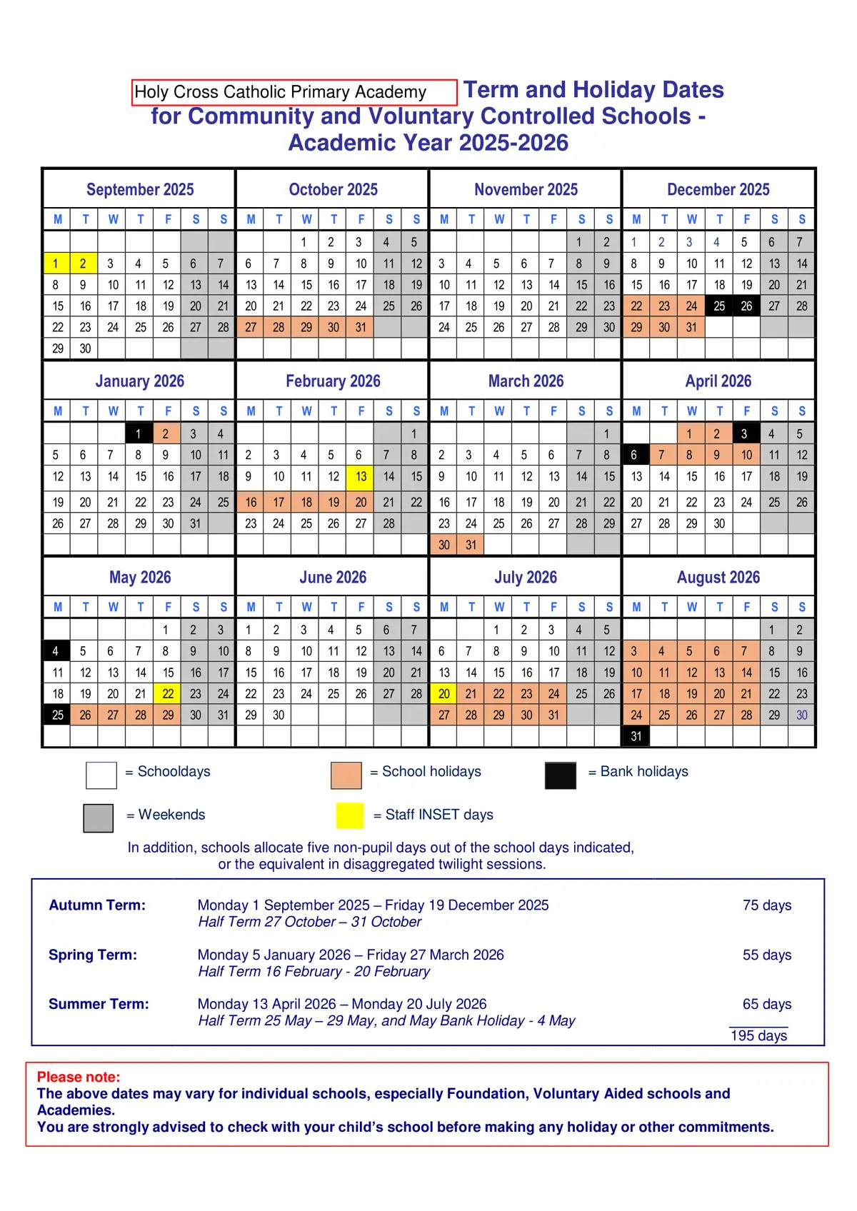 Holy Cross Catholic Primary School term dates