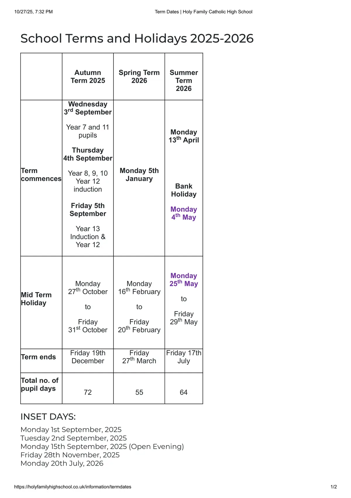 Holy Family Catholic High School term dates